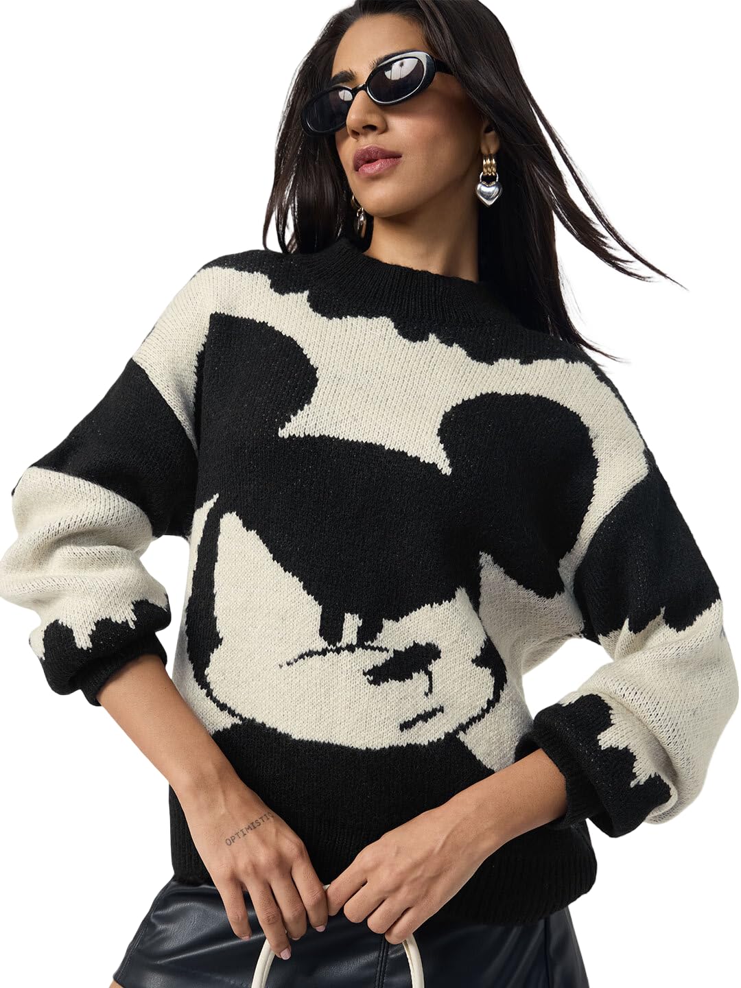 the souled store Mickey Mouse: Monochrome Women and Girls Full Sleeves Round Neck Black and White Printed Acrylic Polyester Oversized Fit Casual Pullover Sweater-picture-38