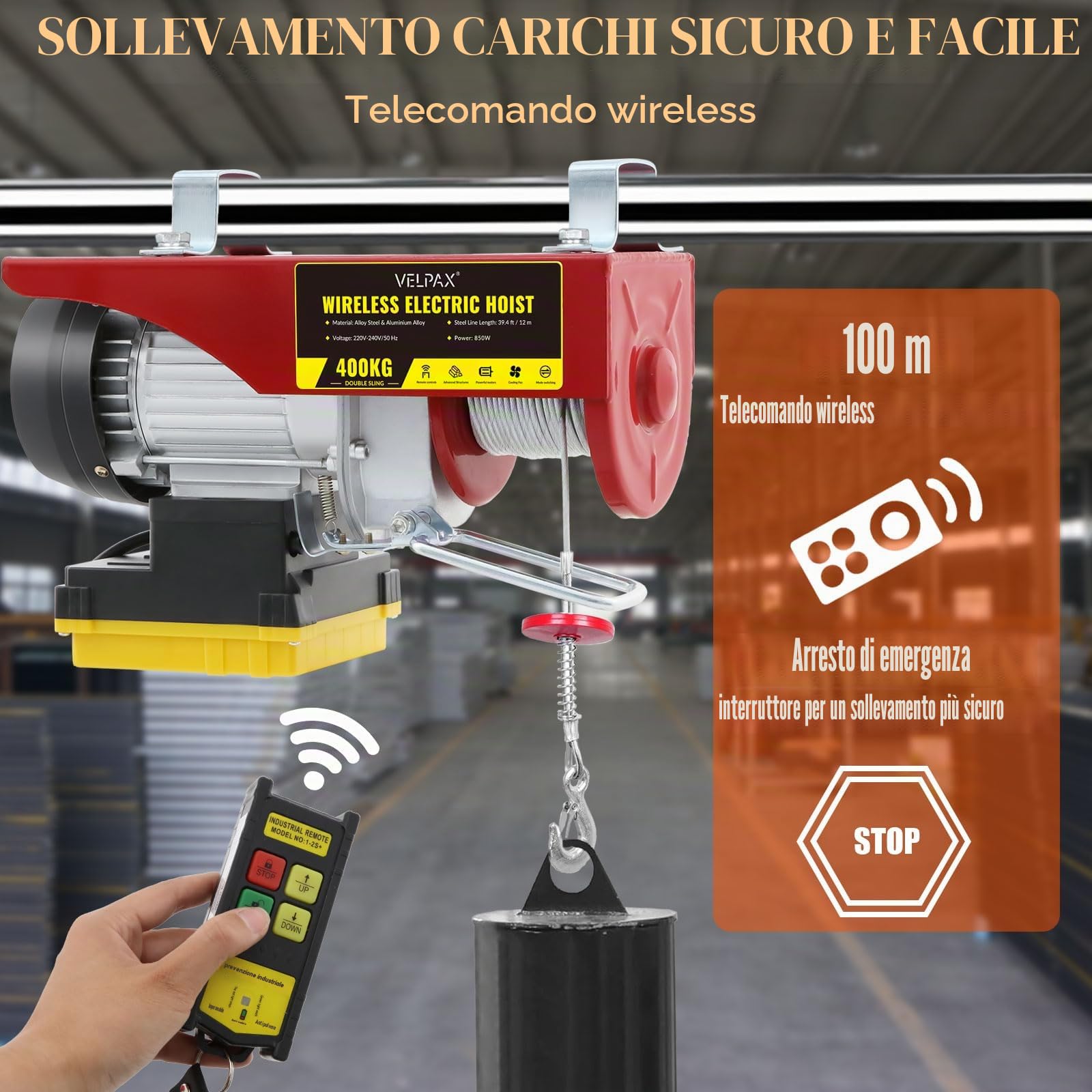 Paranco Elettrico, Capacità di Sollevamento 400 kg, Altezza di Sollevamento Elettrica 12 m,Argano Elettrico 850W,Velocità di Sollevamento 10m/min,Vericello con Radiocomando