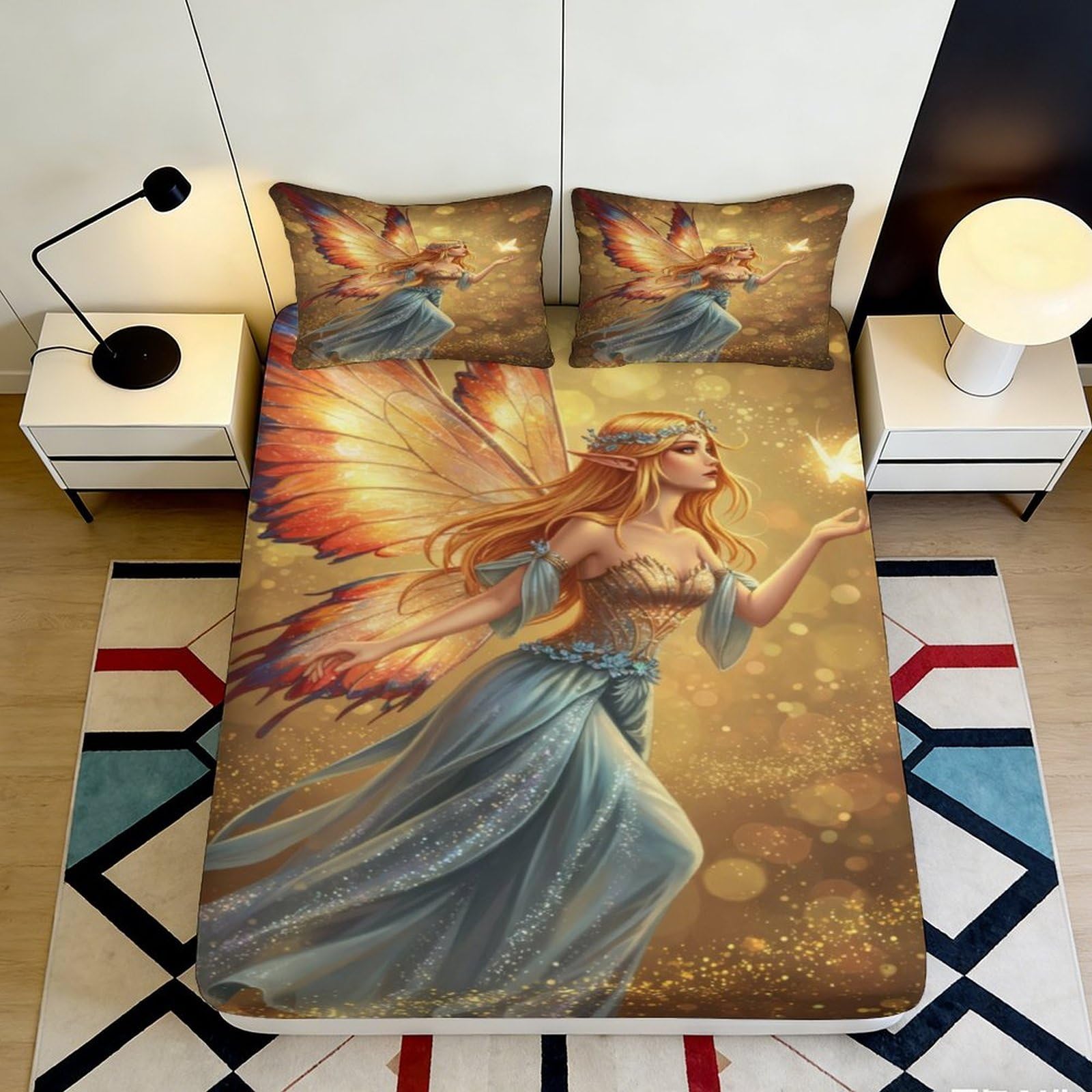 3D Printed Fairy Wings Fitted Sheet Microfiber Soft Breathable Magic Light Bed Cover for Bedroom Dormitory Guest Room Mattress Protection Decor 180x200x25cm