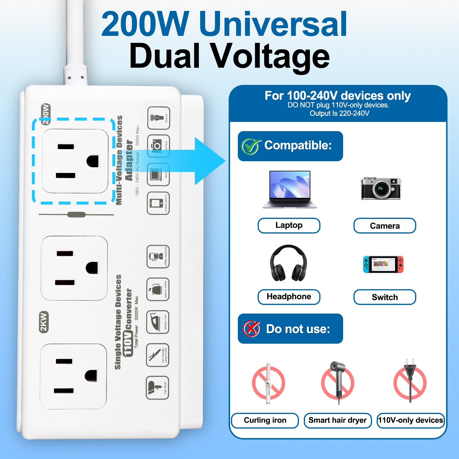 Transductor de voltaje de viaje de 220 V a 110 V: convertidor de voltaje universal internacional americano a Europa, transformador enchufable - convertidores de secador de pelo eléctrico 2000