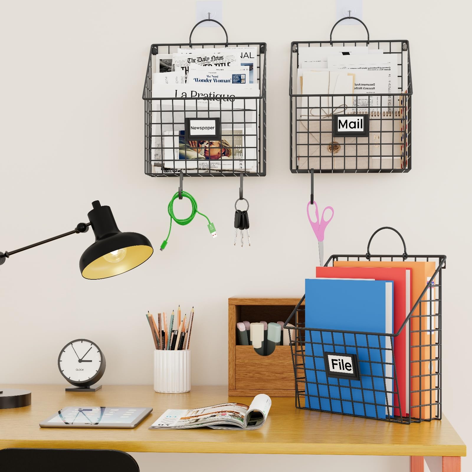 Yuzehuaza Wand-Organizer zum Aufhängen, aus Metall, zur Wandmontage, mit Griffen und Haken, Zeitschriften-Dokumentenregal, für Zuhause, Büro oder Dekor, 3 Packungen (zum Patent angemeldet)