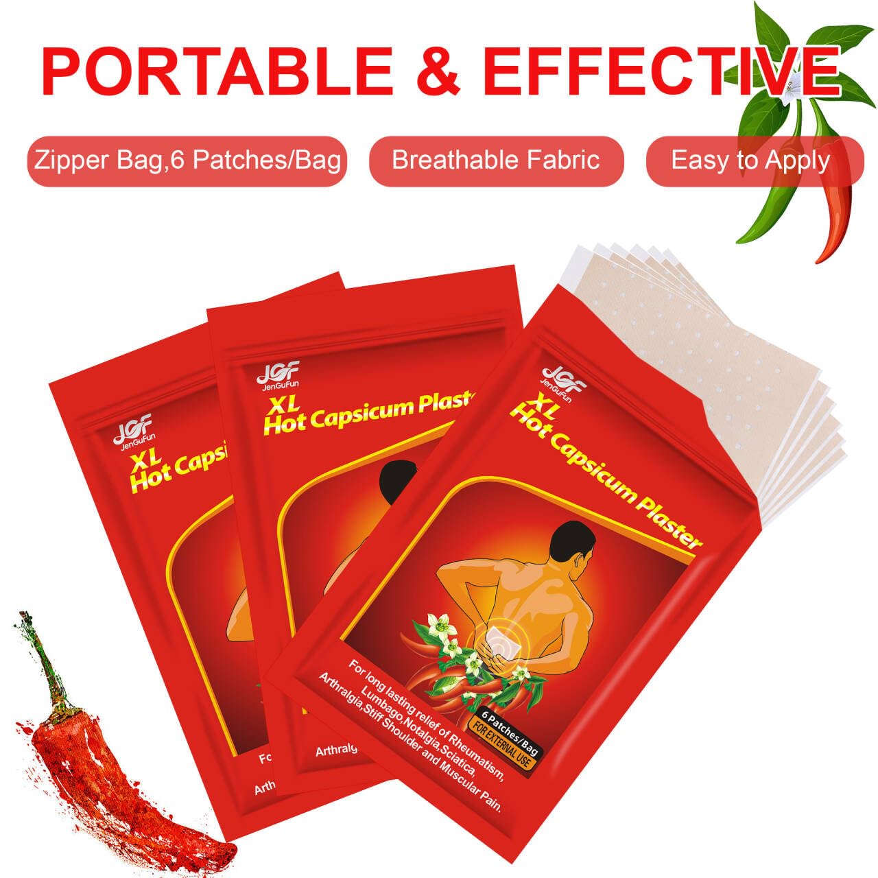 JenGuFun 60 Count Capsaicin Patch, Capsicum Patches, XL Hot Capsicum Plasters, Upgraded Zippered Packaging, for Relieving Various Muscle and Joints Soreness - 3
