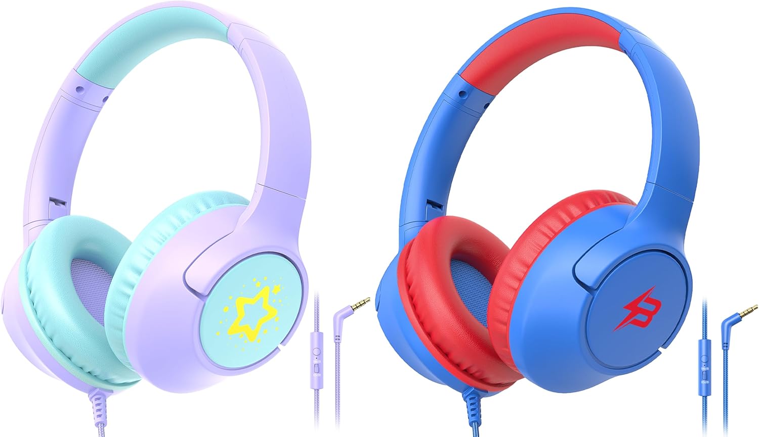 [Purple + Blue] Kids Headphones for School Travel, 85/94dB Volume Litmit, HD Mic Stereo Sound Wired Over-Ear Toddler Girls Boys Headphones for Kid, Foldable 3.5mm for Tablet