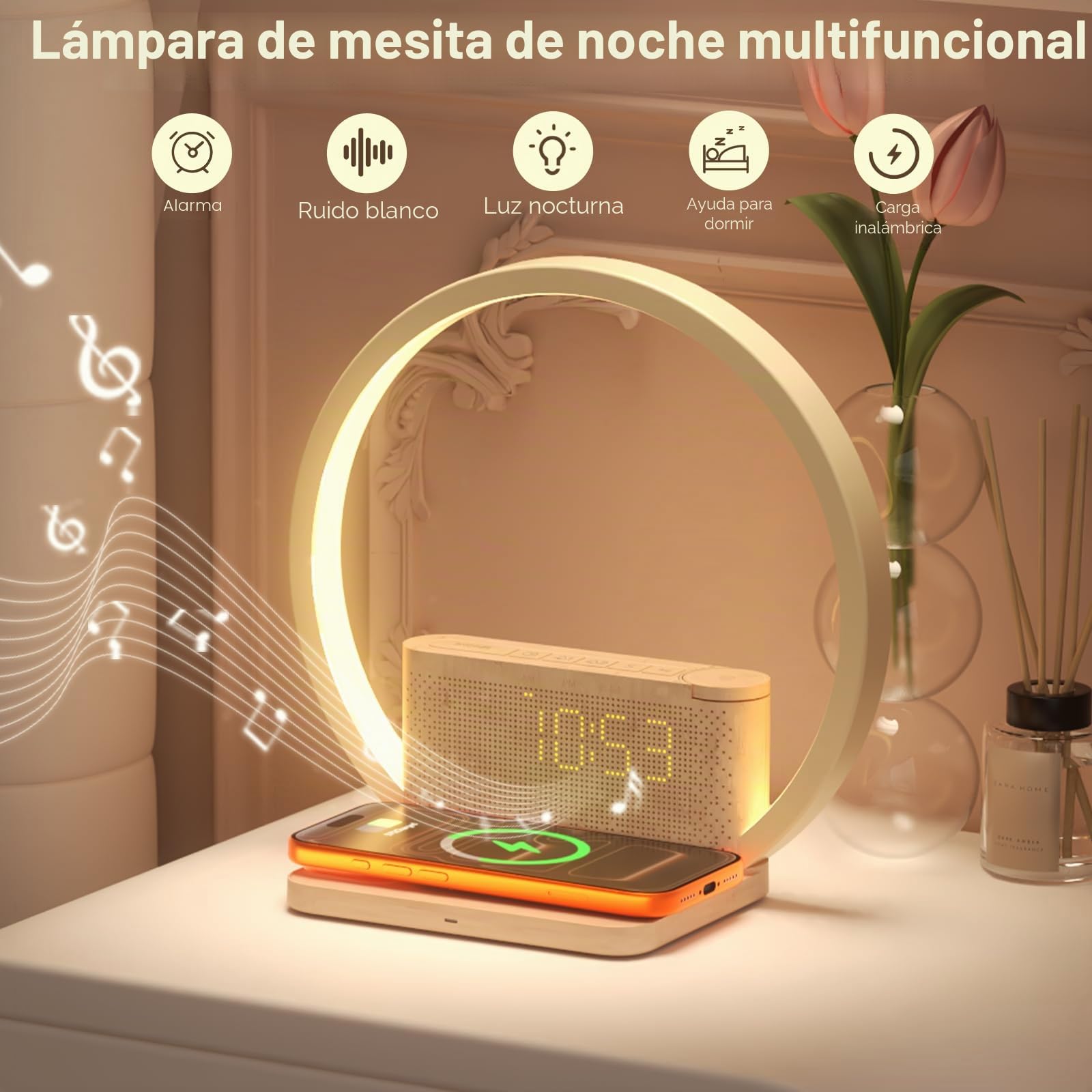 Vivilumens Sunrise - Despertador con cargador inalámbrico, máquina de sonido de ruido blanco con 10 sonidos, despertador con temporizador de 30/60/90 minutos, luz nocturna táctil de 3 niveles, relojes