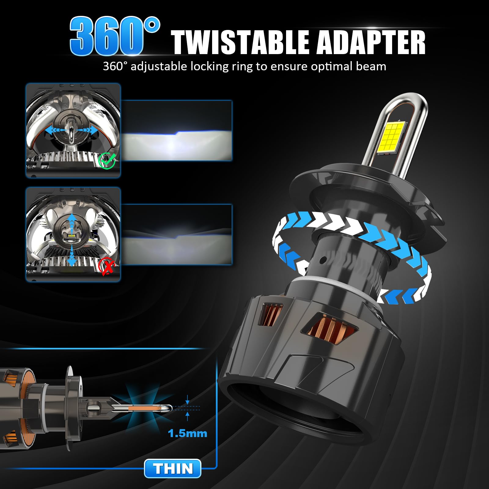 D-Lumina H7 LED Żarówka Canbus 170W 39000LM 6500K 600% Białe światło, Plug and Play Rozmiar 1:1, Zestaw Do Konwersji Do Reflektorów Halogenowych w Samochodzie, 2 sztuki