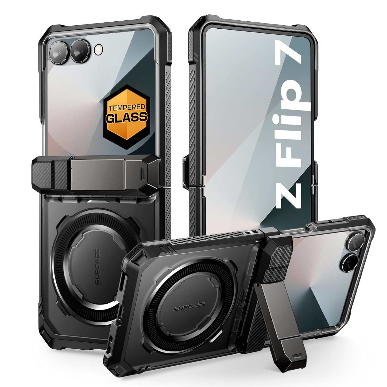 SUPCASE for Samsung Galaxy Z Flip 7 Case with Stand & Front Screen Protector (Unicorn Beetle Grip), [Support MagSafe] [Hinge Protection] Full Body Military-Grade Translucent Back Phone Cover, Black