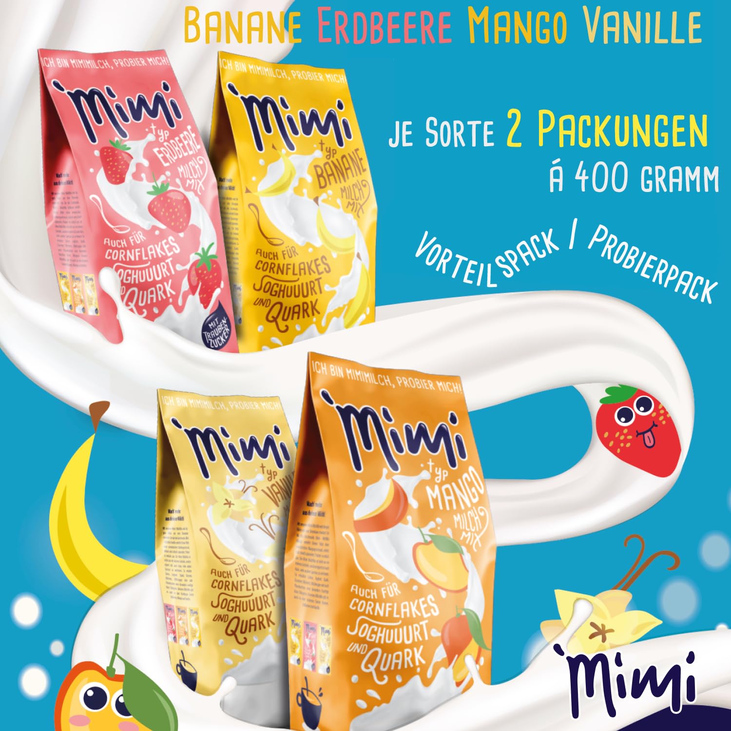 Mimi, confezione da 8 pezzi, mix di latte e bevande in polvere (2 confezioni da 400 g), banana, fragola, mango, vaniglia, confezione conveniente, ideale per il tempo libero, la scuola o per andare in