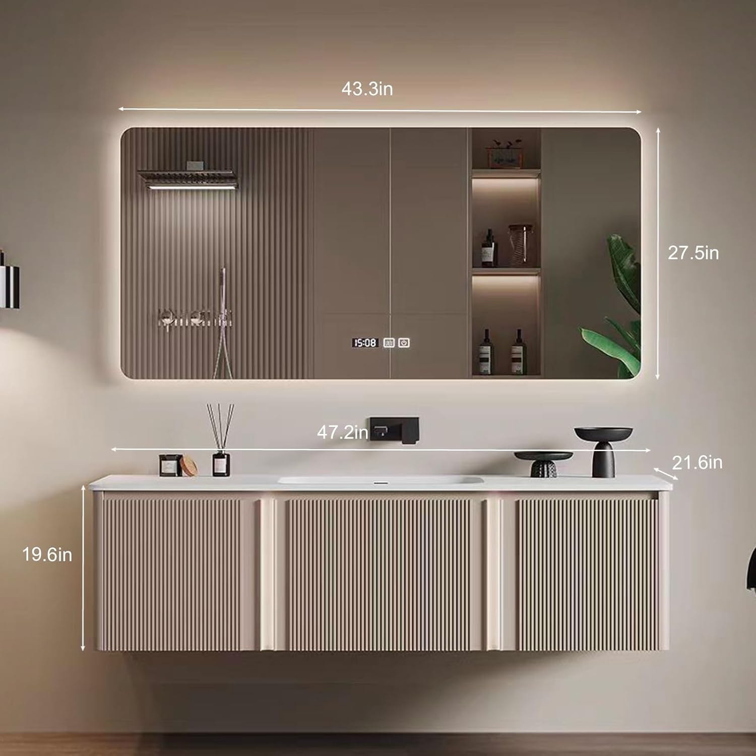 48IN Bathroom Vanity with Sink - Floating Vanity with Storage Cabinet, Intelligent Demisting Mirror Cabinet & LED Lights | Fringe Cabinet, Apricot