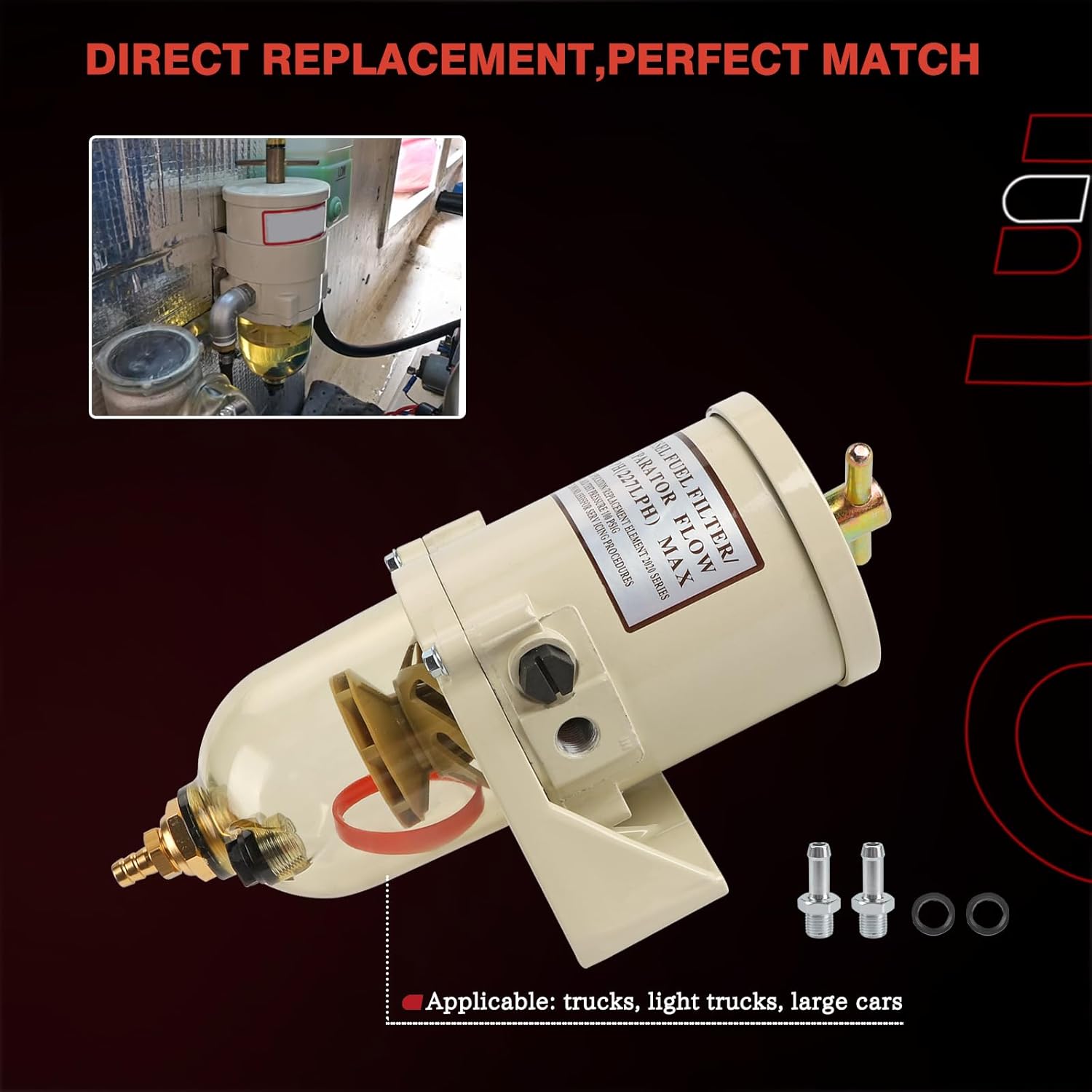 Diesel Fuel Filter Oil Water Separator With Bolt Turbine Marine Boat Superior 60 GPH, 30 Micron, Racor Fuel Water Separator Replace# 500FG 500FH