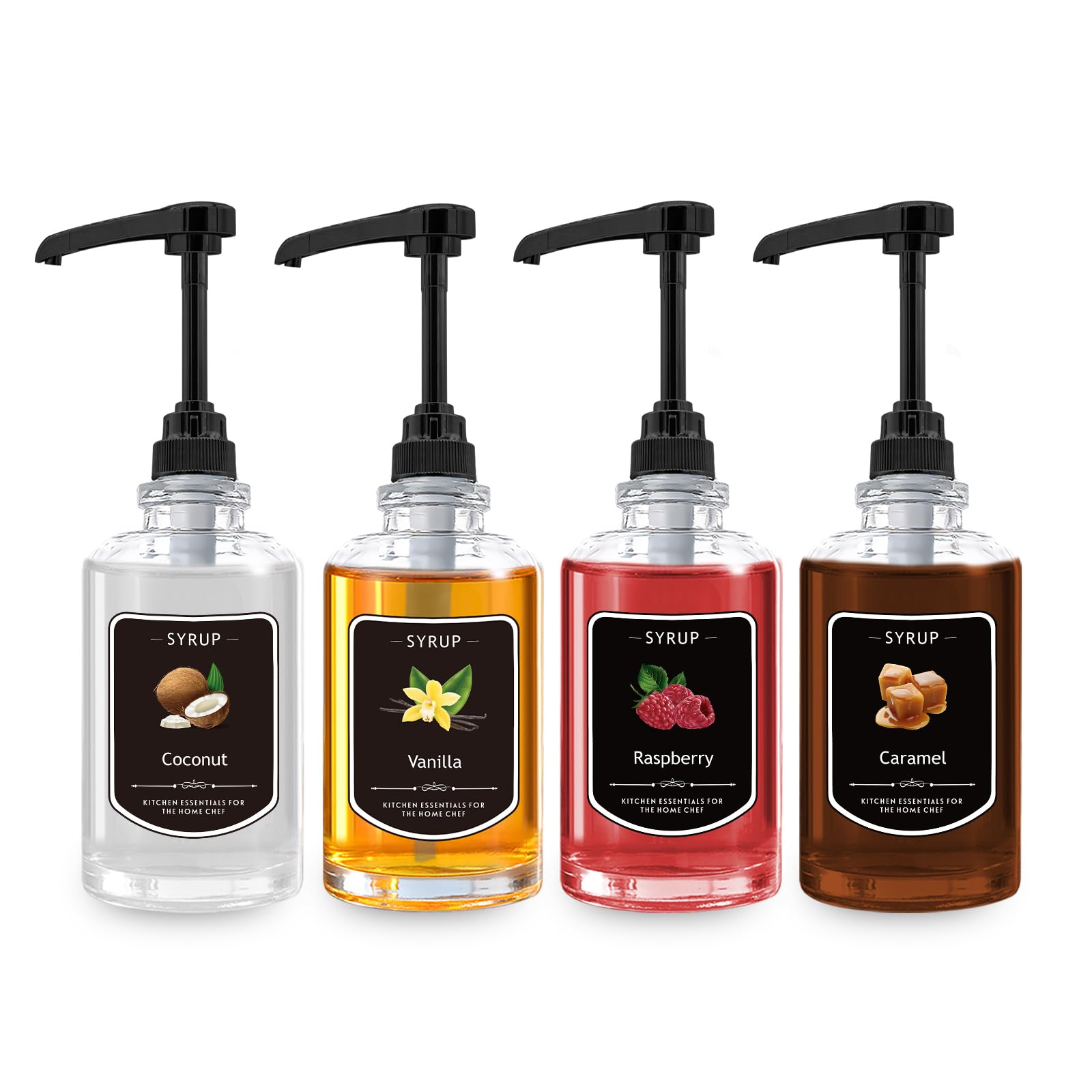 Mamiddle 4 Pack Syrup Dispenser for Coffee Bar 500ml/16.9oz Coffee Syrup Dispenser Glass Syrup Dispenser Pumps with Funnel,Labels (Black Round)