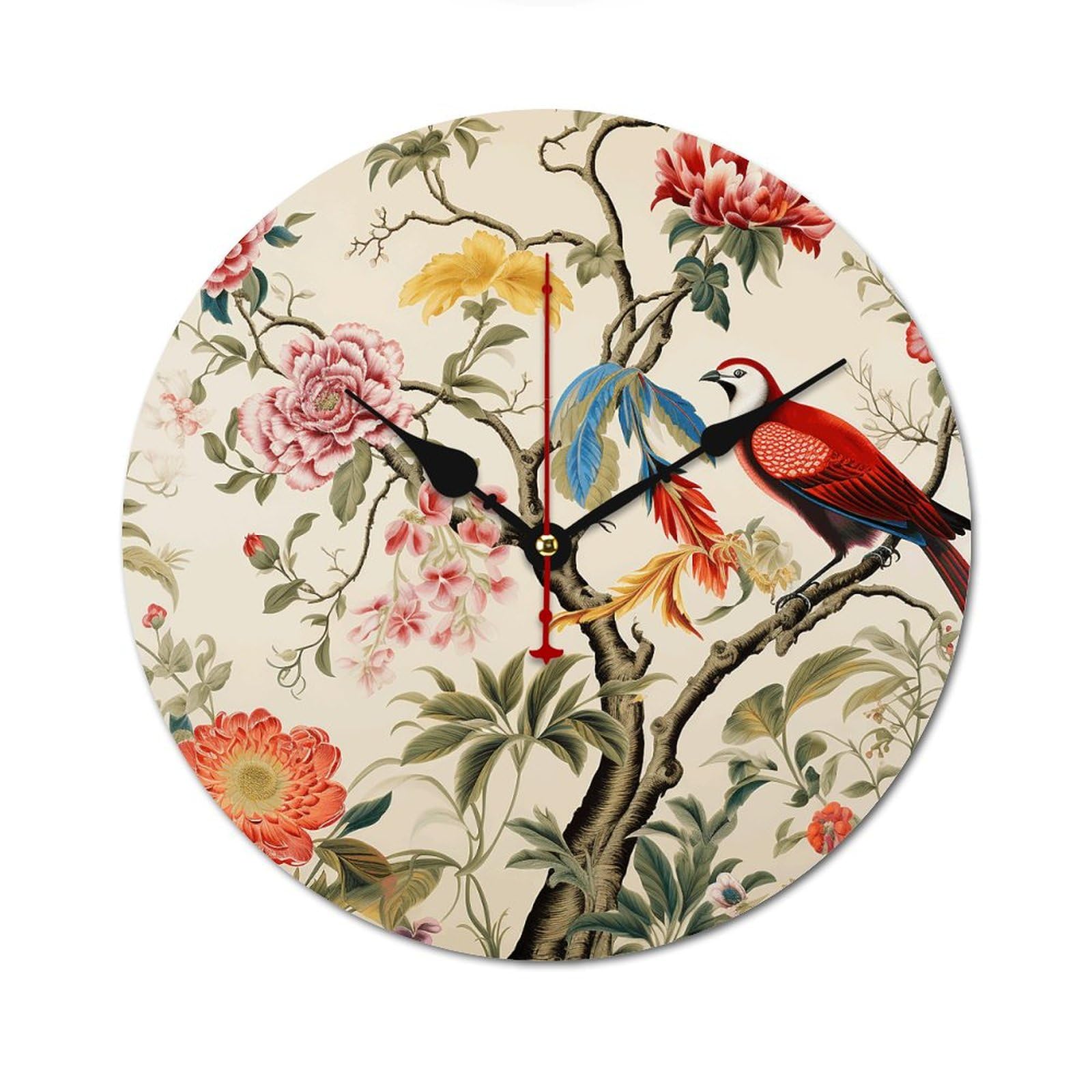 Horloge murale moderne en bois imprimé fleurs oiseaux sans cadre salon chambre