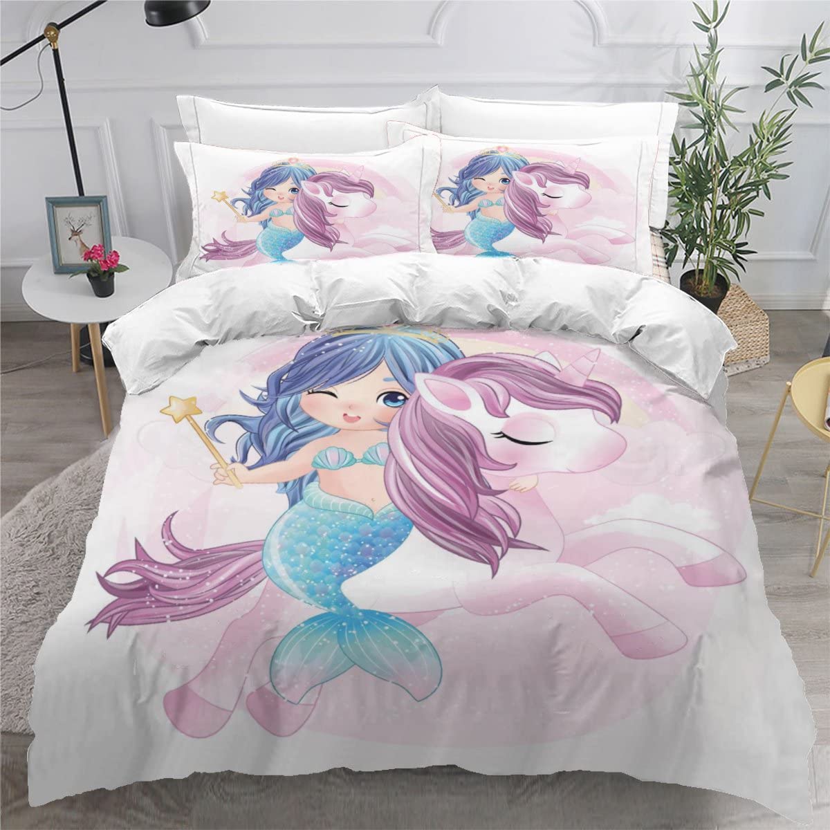 Housse de couette 200x200 sirène zippée pour lit enfant doux et lavable