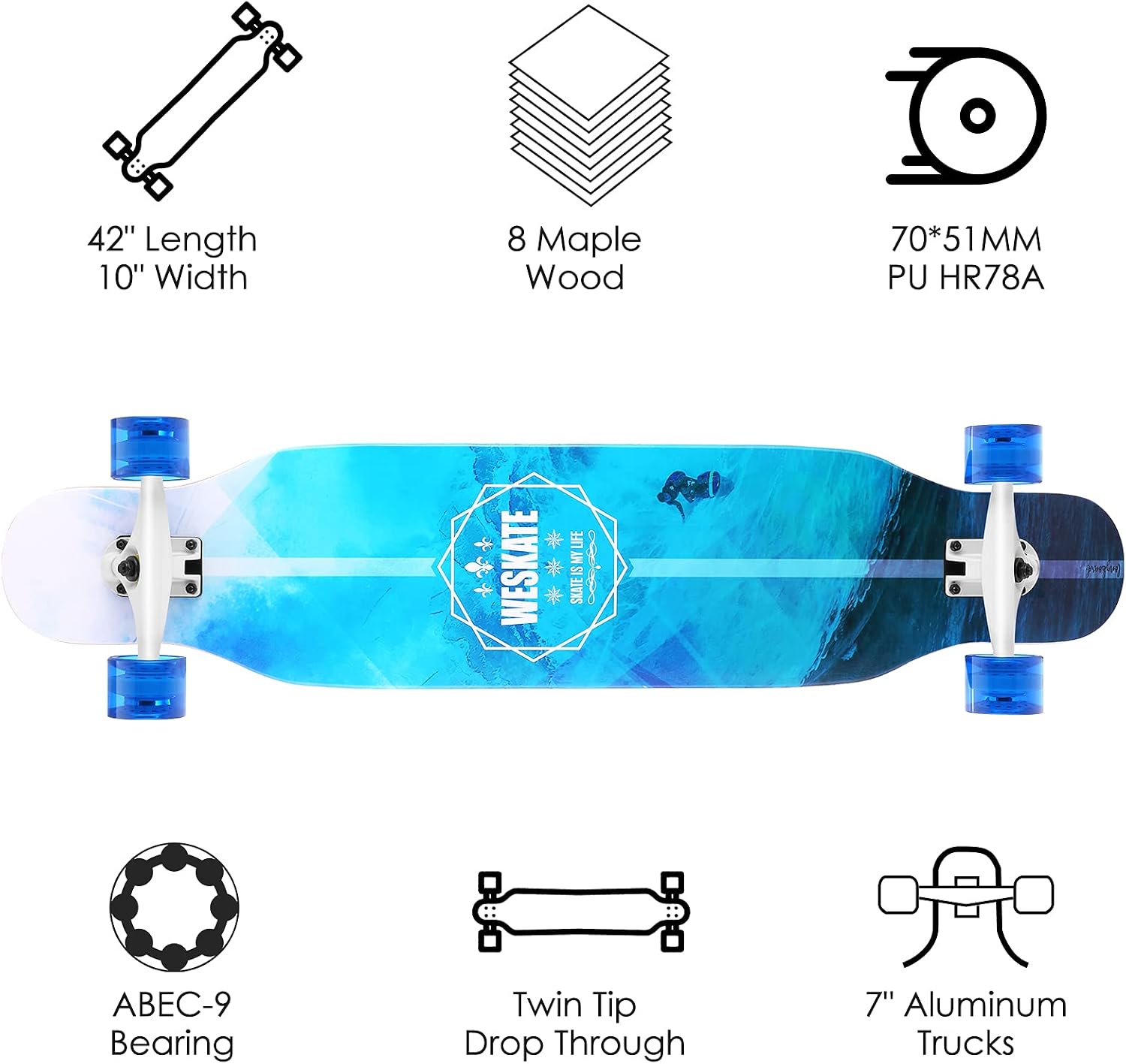 40% Off Discount WeSkate 42 Inch Freeride Longboard 8 Ply Canadian Maple Downhill Skateboard Cruiser Complete for Cruising, Carving, Dancing, Free-Style and Downhill for Beginners Teens Adults Men Women