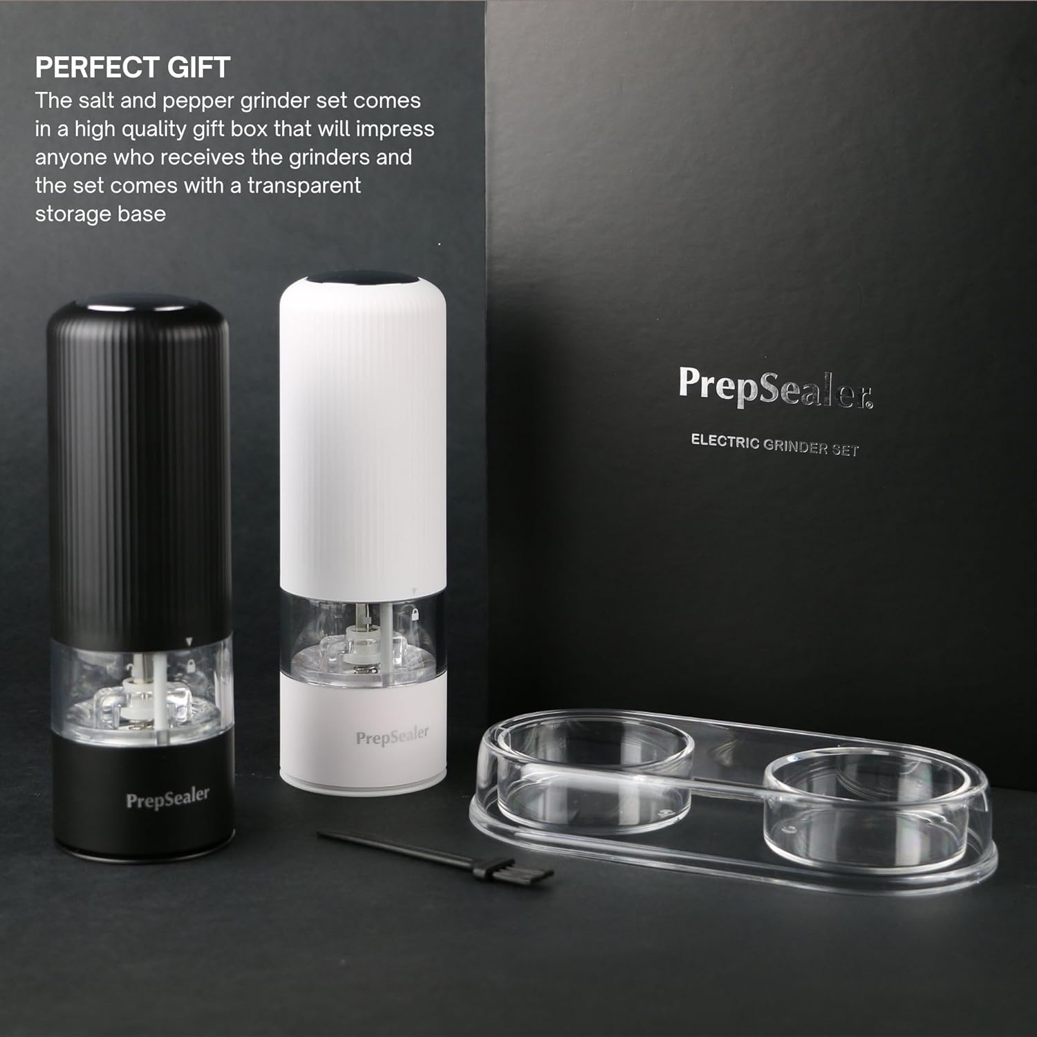 PrepSealer Electric Salt and Pepper Grinder Set, Battery Operated, Led Light, One Handed Operation, Ceramic Adjustable Coarseness (Black and White)