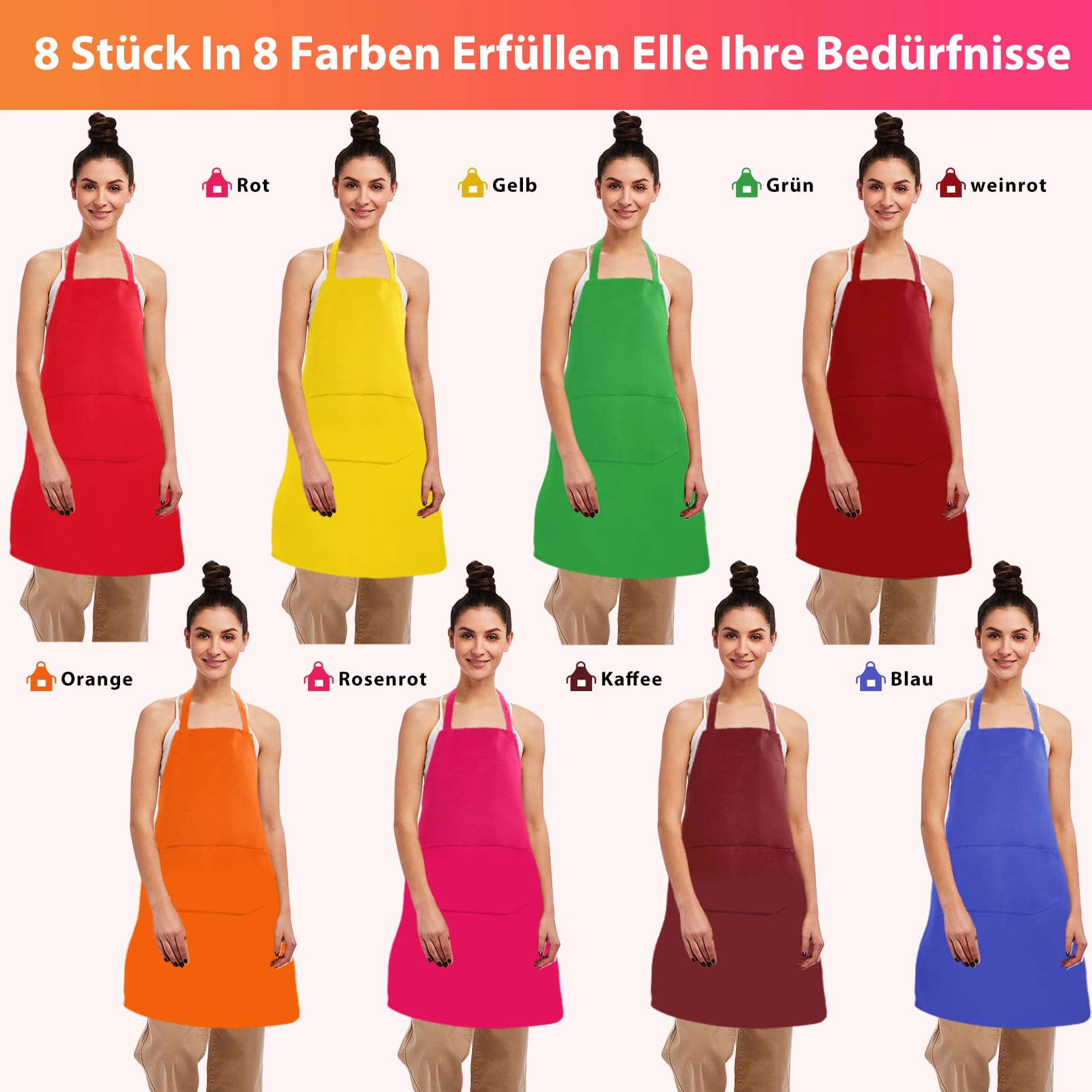 8 grembiuli da cucina regolabili, grembiule da cucina con 2 tasche, grembiule lavabile, grembiule da barbecue, grembiule da cucina per uomo e donna, 8 colori, multicolore, ca.