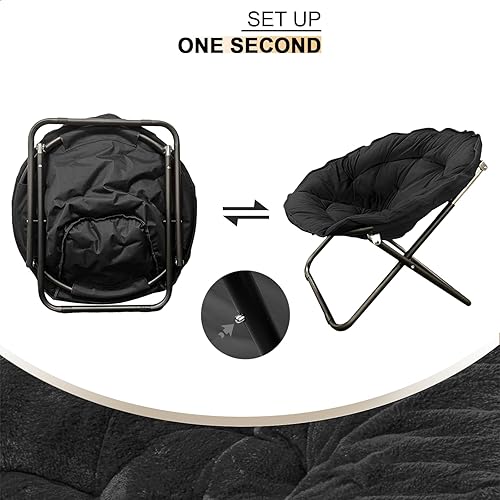 Miniatura 6 de Sillas plegables para adultos, cómoda silla de piel sintética con platillo de luna para dormitorio, sala de estar, lectura y relajación (negro)