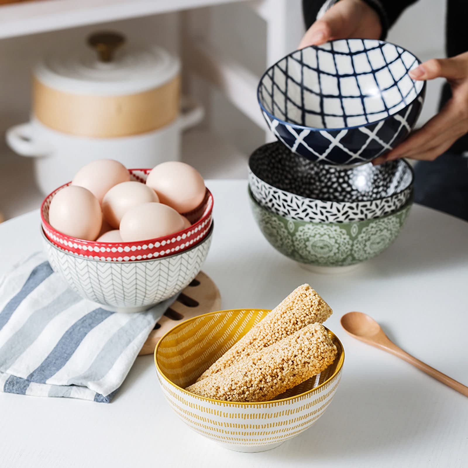 Ramen - Ciotole da zuppa per curry, 15 cm, grandi ciotole da portata per cucina, riso, pasta, zuppa, snack, porcellana, ramen, stoviglie, per casa, hotel, blu marino, set da 4 pezzi