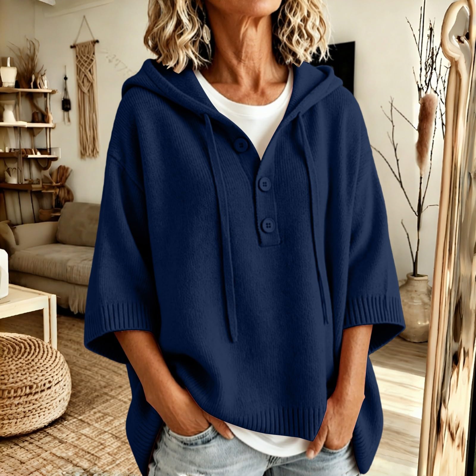 Maglioni con maniche a 3/4 da donna con cappuccio con bottoni pullover