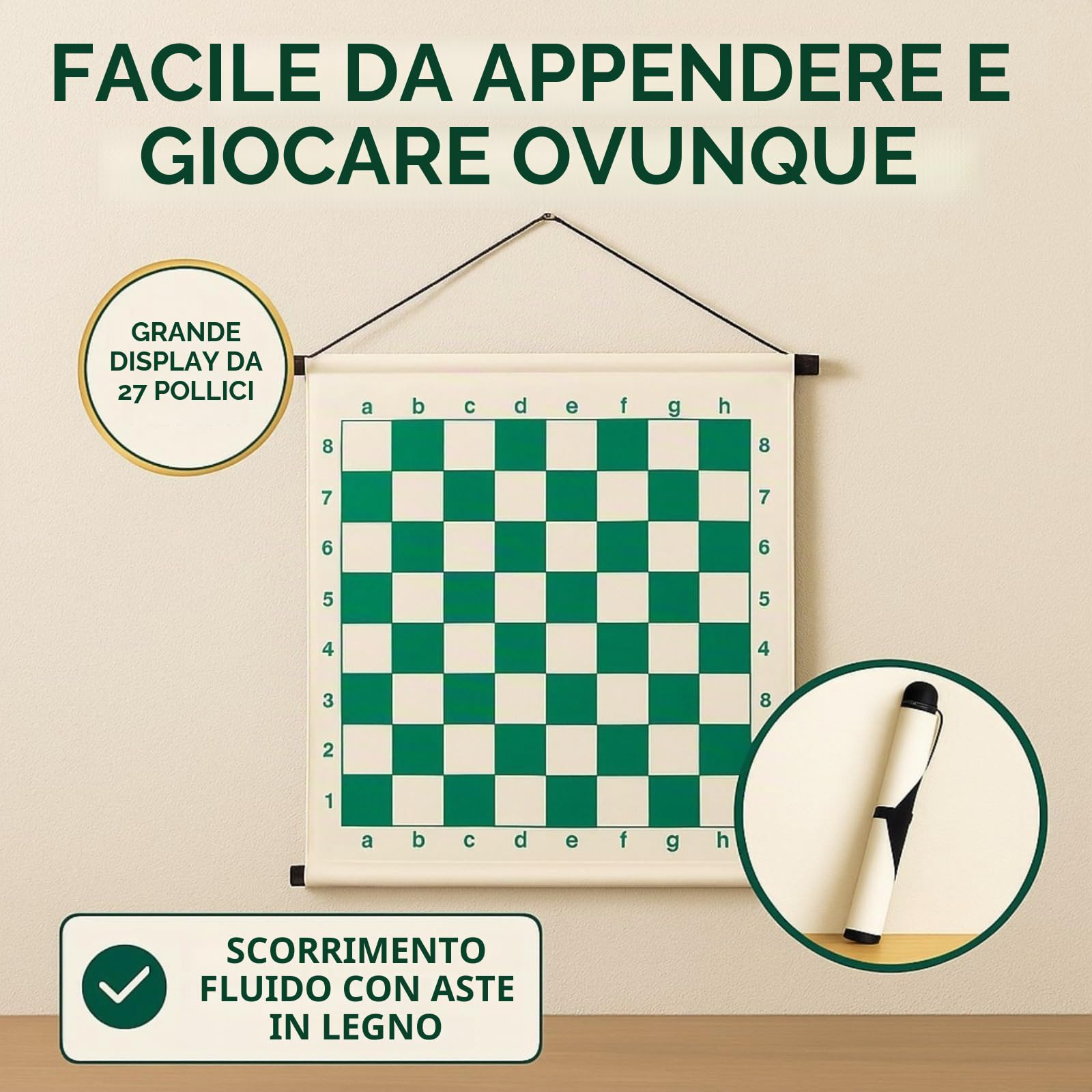 KD Willmax Scacchiera da appendere alla parete con pezzi magnetici | Espositore arrotolabile da 68,6 cm