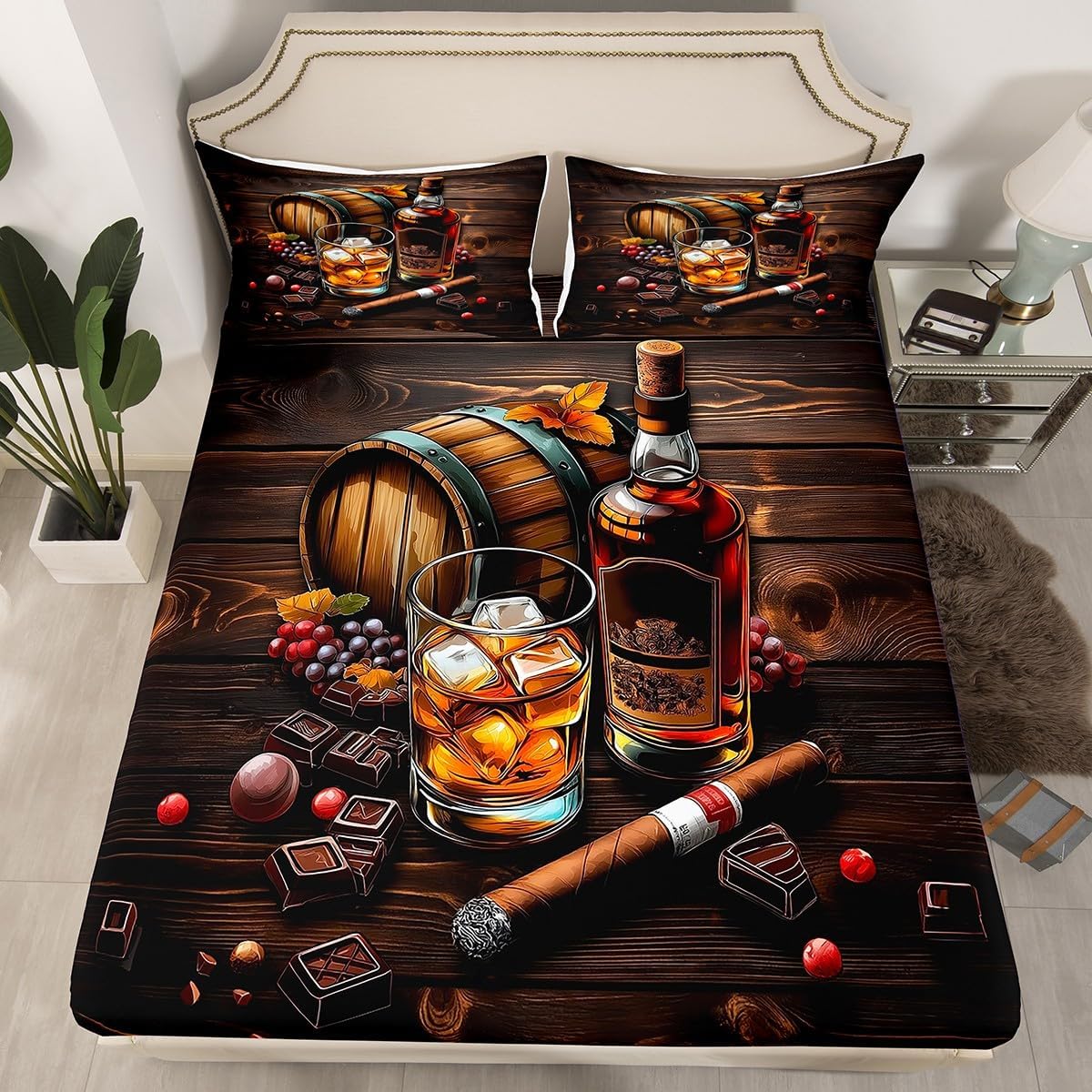 Whisky Full Size Fitted Sheet,Bar Wine Time Whisky Ice Glass 3 Pieces Kids Teenager Room Decor Rustic Brown Wooden Plank Retro Farmhouse Pocket 2 Pillowcases