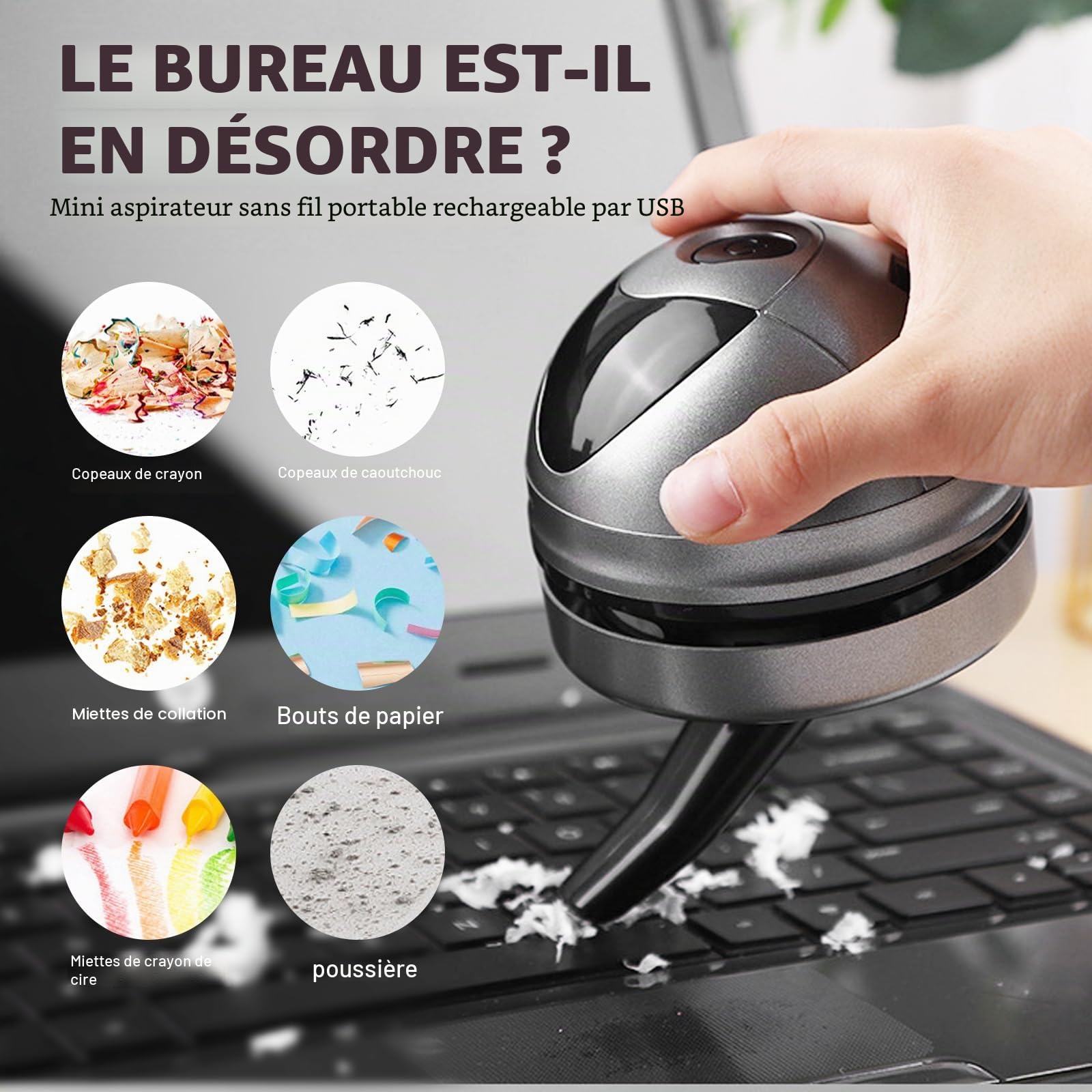 SPORWAY Aspirateur de table, petite aspirateur à main, rechargeable par USB, forte puissance d'aspiration, nettoyeur de poussière électrique, pour clavier, bureau, canapé (gris)