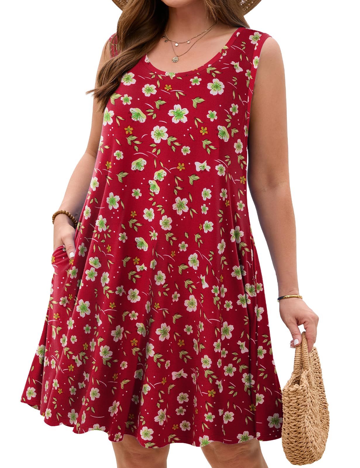 JollieLovin Women Plus Size Curvy Summer Tank Sun Dresses Sleeveless Causal T-Shirt Dress Beach Swing Cover up(L-5X)