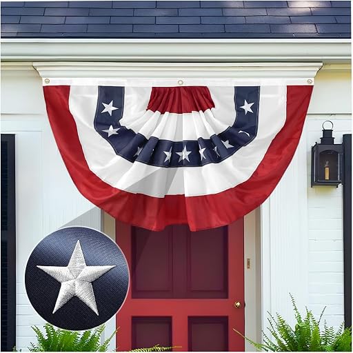 American Pleated Fan Flag 2x4 Ft Patriotic Bunting – Embroidered Stars & Sewn Stripes USA Flag for 4th of July Outdoor Porch Fence Garden with Canvas Header & Brass Grommets