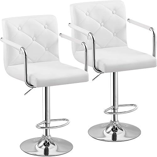 VECELO Adjustable Bar Stools Set of 2,Swivel PU Leather Counter Height Barstool with Back and Arms for Kitchen/Island, White