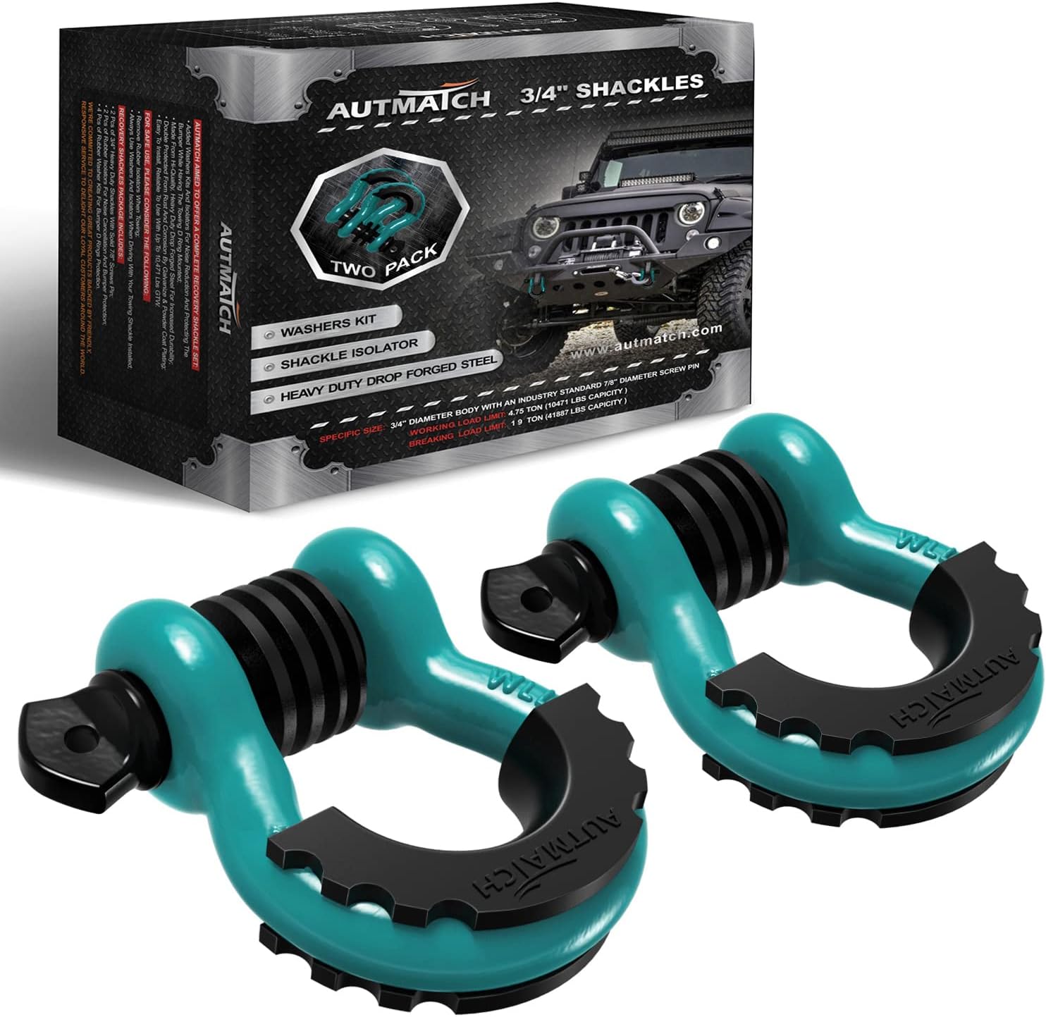 AUTMATCH 3/4" D Ring Shackles (2 Pack) 41,887Ibs Break Strength with 7/8" Screw Pin and Shackle Isolator Washers Kit for Tow Strap Winch Off Road Vehicle Recovery Teal & Black