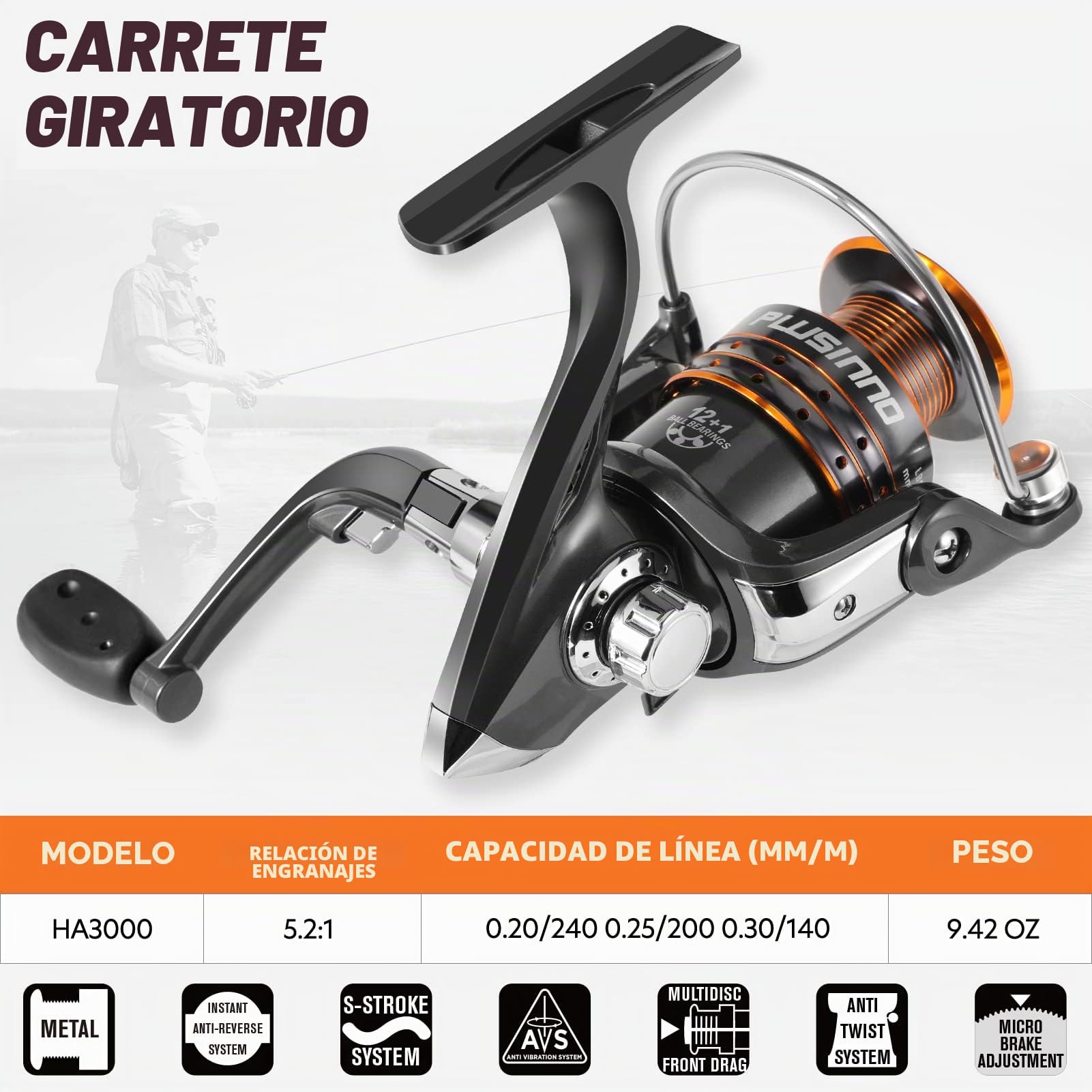 PLUSINNO Caña de Pescar, Combo de caña de Pescar telescópica y Carrete, Kit de caña de Pescar Plegable de Viaje, cañas de Pescar de Fibra de Carbono y 12 + 1 rodamientos de Acero Inoxidable, Regalos