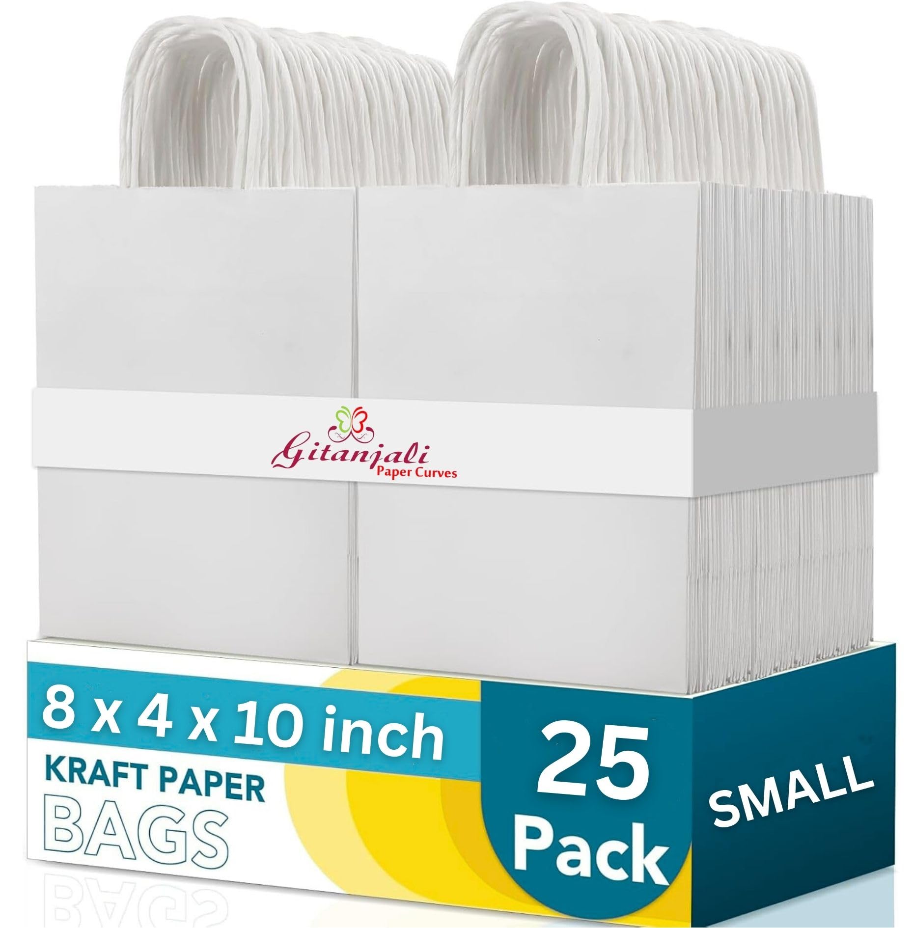 Gitanjali Paper Curves® White Paper Bags with Handles 25pcs 8x10x4 inch Craft Shopping carry Bags in Bulk for Small Business, Retail Stores, Return Gifts & Merchandise (White, Pack of 25)