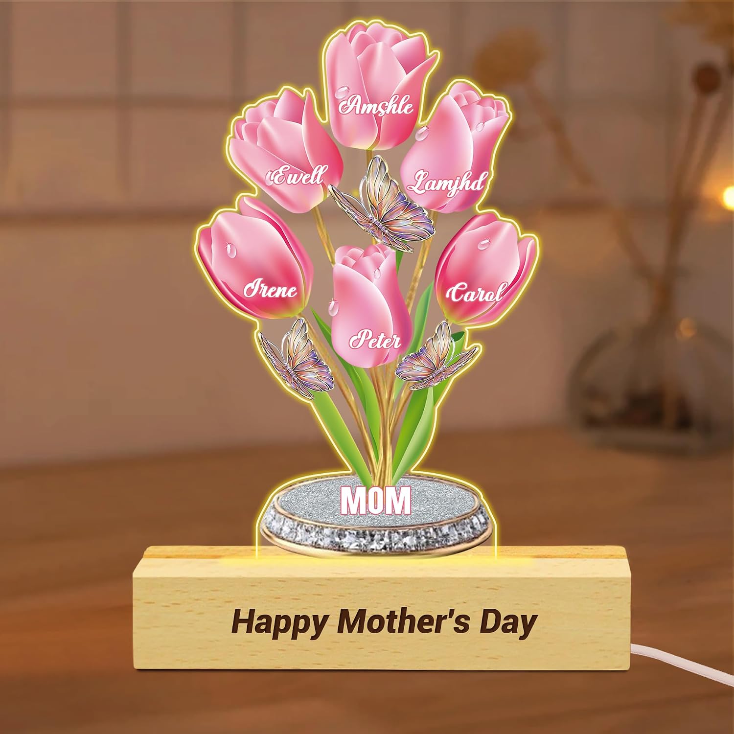 Personalized Mother's Day Rose Flower 2D Acrylic Plaque Night Light Custom Family Name Flower & Butterflie Sign Led Lamp Mothers Day Birthday Gifts for Mom Grandma Centerpiece Table Decorations