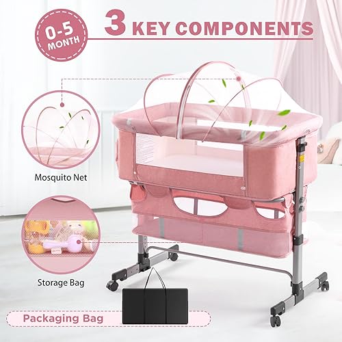 Miniatura 8 de Ihoming Moisés para bebé, cuna lateral con cesta de almacenamiento, cuna plegable fácil, cama ajustable para bebé recién nacido, rosa