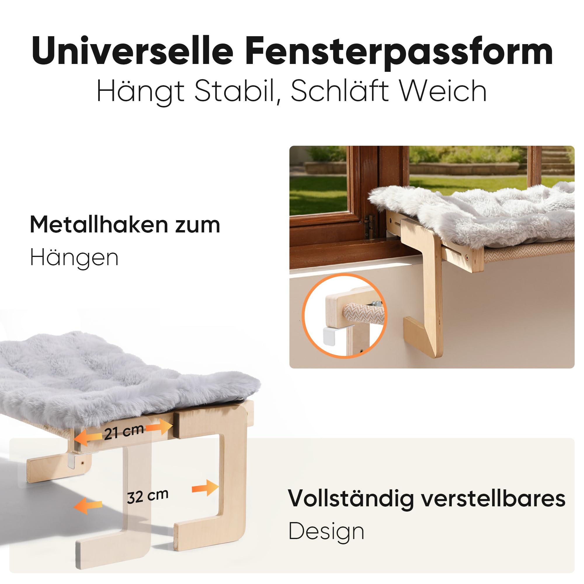 FUKUMARU Katzen Hängematte Fenster Katzenbett Fensterbank für Katzen, Fensterliege mit weichem Kissen, verstärkter Holz- und Metallstruktur, umbaubare Hängematte, Tragkraft bis 20 kg