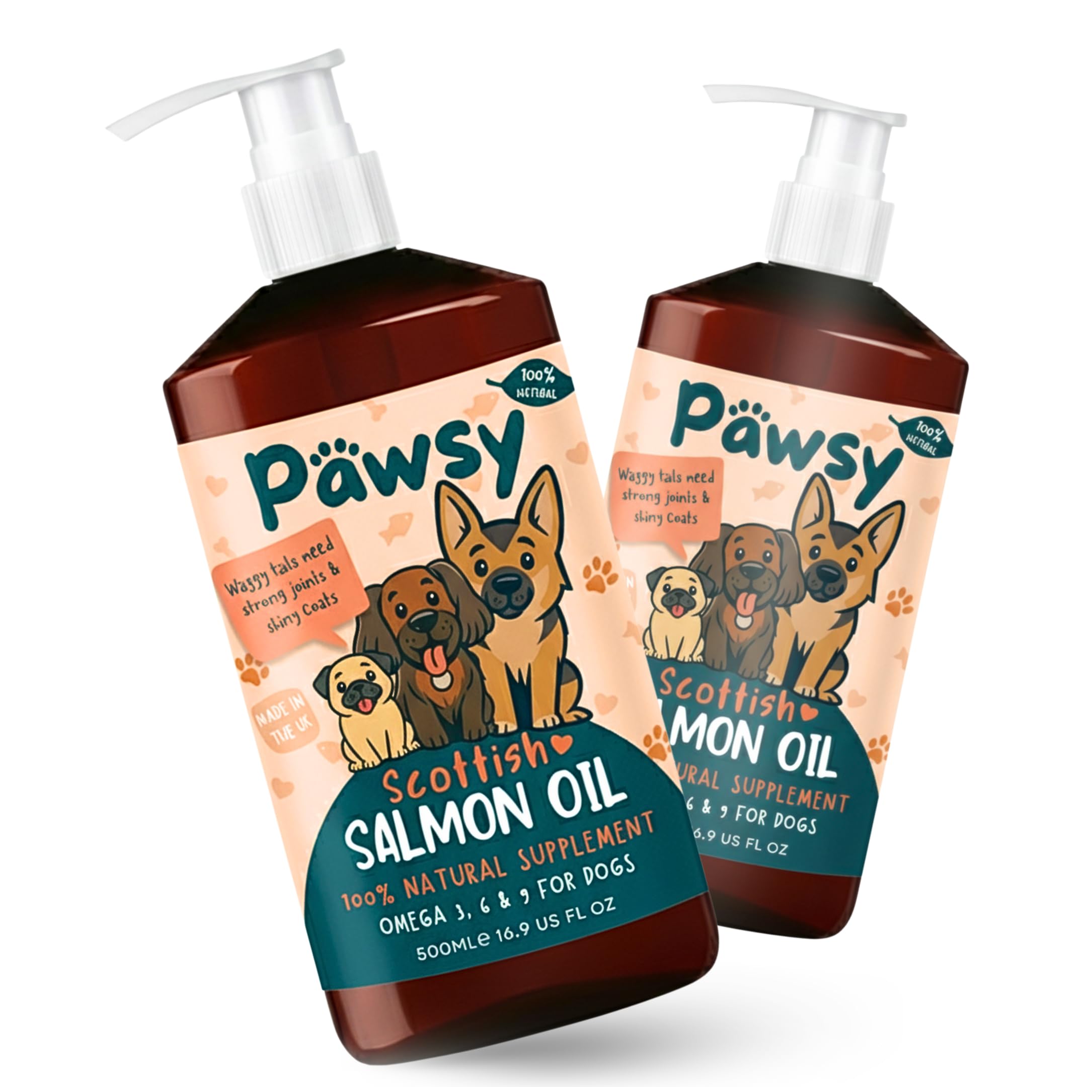 PAWSY 100% Natural Scottish Salmon Oil for Dogs | Omega 3-6-9 (EPA & DHA) | Supports Skin & Coat, Joints, Heart & Immunity | Vet-Approved, Great Taste | Made in the UK (1 Litre (2 x 500ml))