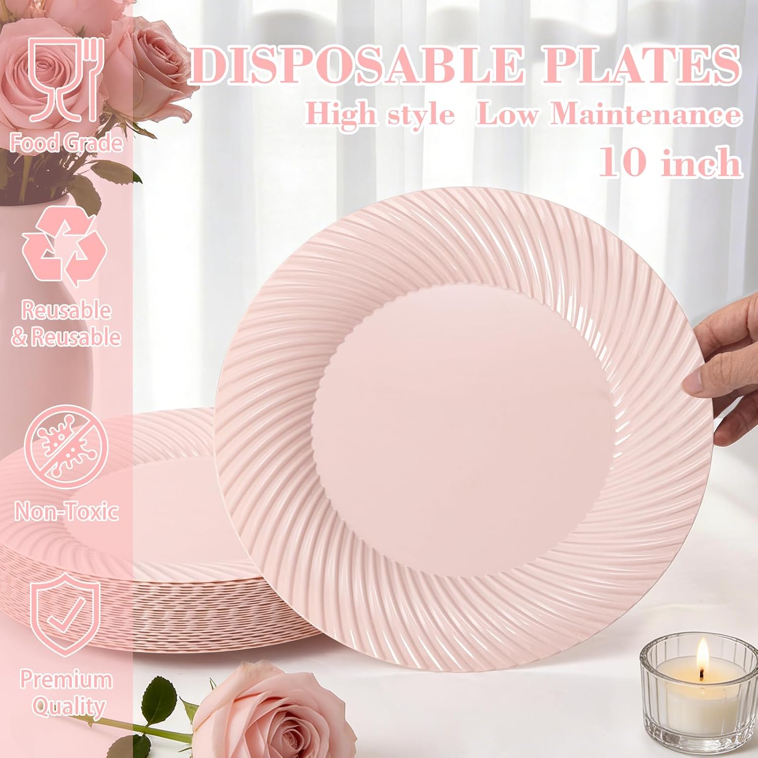 IOOOOO10 Inch Pink Plastic Plates, 100 Count Pink Plastic Dinner Plates,Disposable Heavy Duty Dinner Plates,Premium Hard Gold Disposable Plates for Party, Weddings & Events