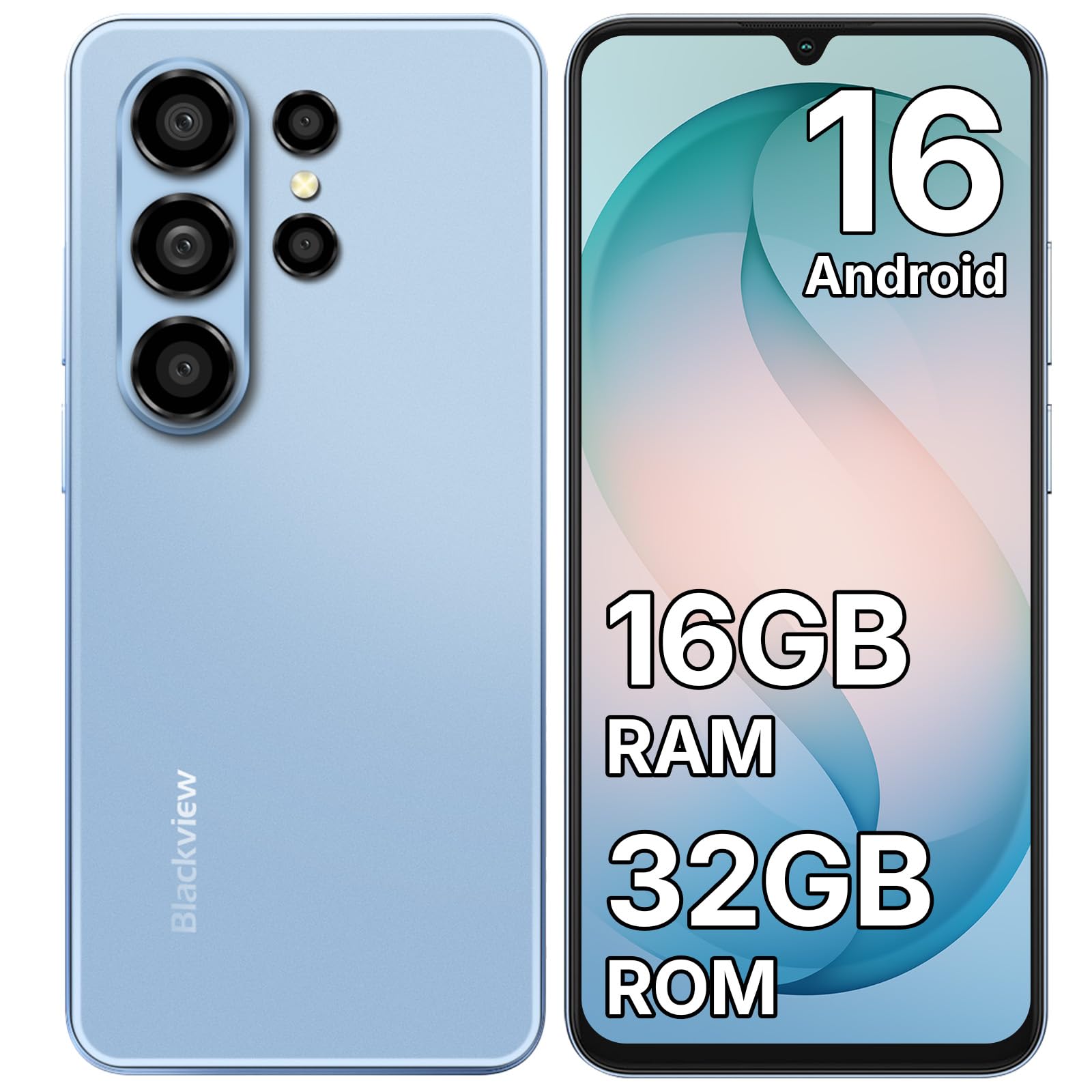 Blackview WAVE 10C Smartphone Offerta Android 16, 6.88'', 16GB+32GB/1TB | 32MP+13MP Telefono Cellulare in Offerta, 5000mAh, Telefoni 4G Dual SIM/Face ID/3 Slot/3.5mm Jack/OTG