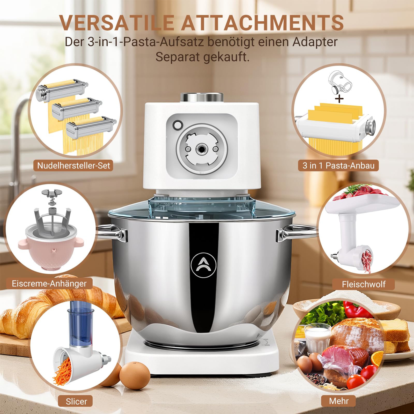 ZACME Robot kuchenny 1200 W | miska ze stali nierdzewnej 5,2 l | cichy silnik DC | 11-stopniowa przekładnia | w zestawie 3 narzędzia do mieszania (hak do zagniatania, trzepaczka, trzepaczka) | obudowa