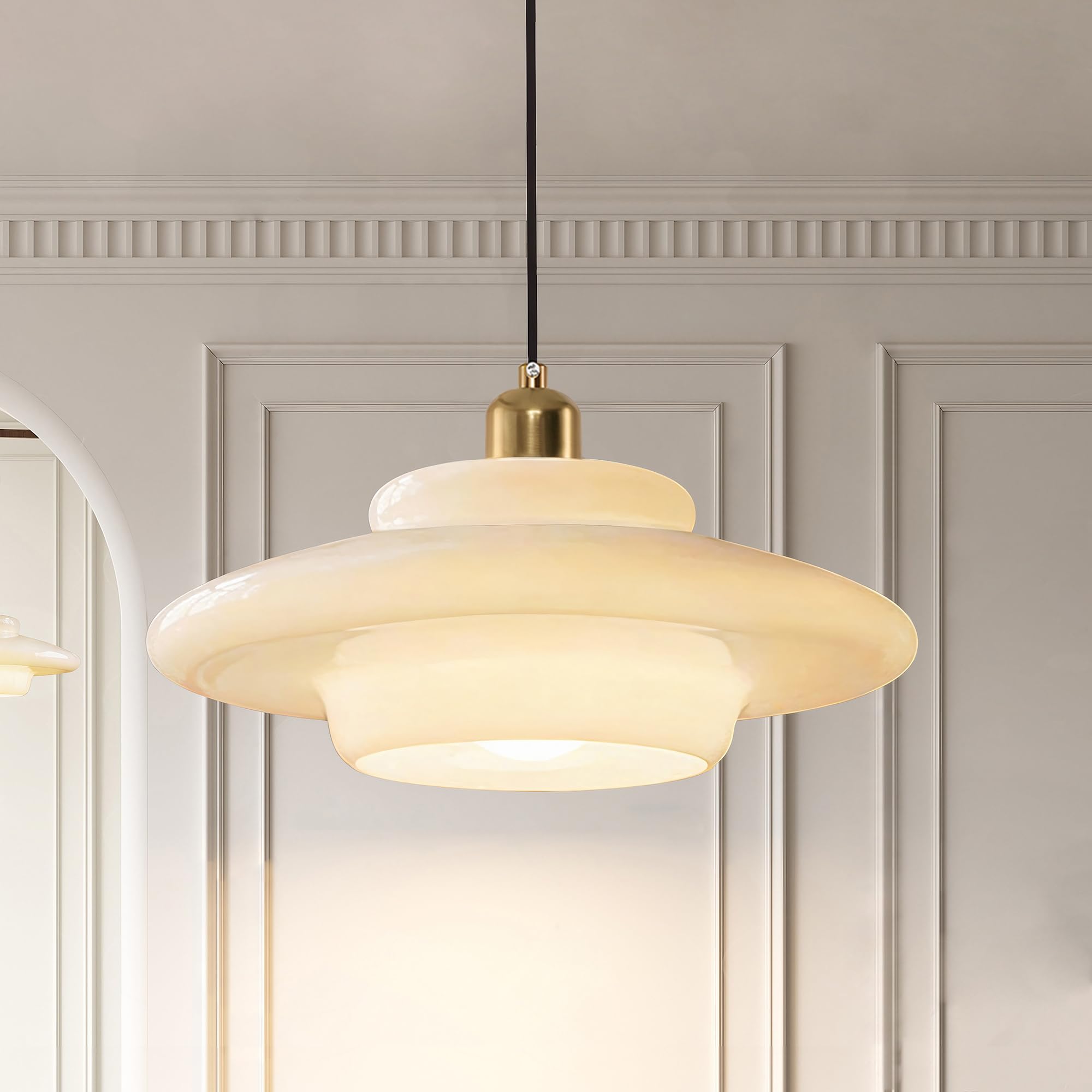 Zobawlks Milk Glass Pendant Light: Mid Century Modern Gold Brass