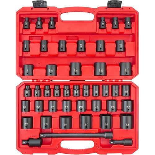 TEKTON 1/2 Inch Drive 6-Point Impact Socket Set, 45-Piece (5/16-1-1/4 in., 8-32mm) | SID92403