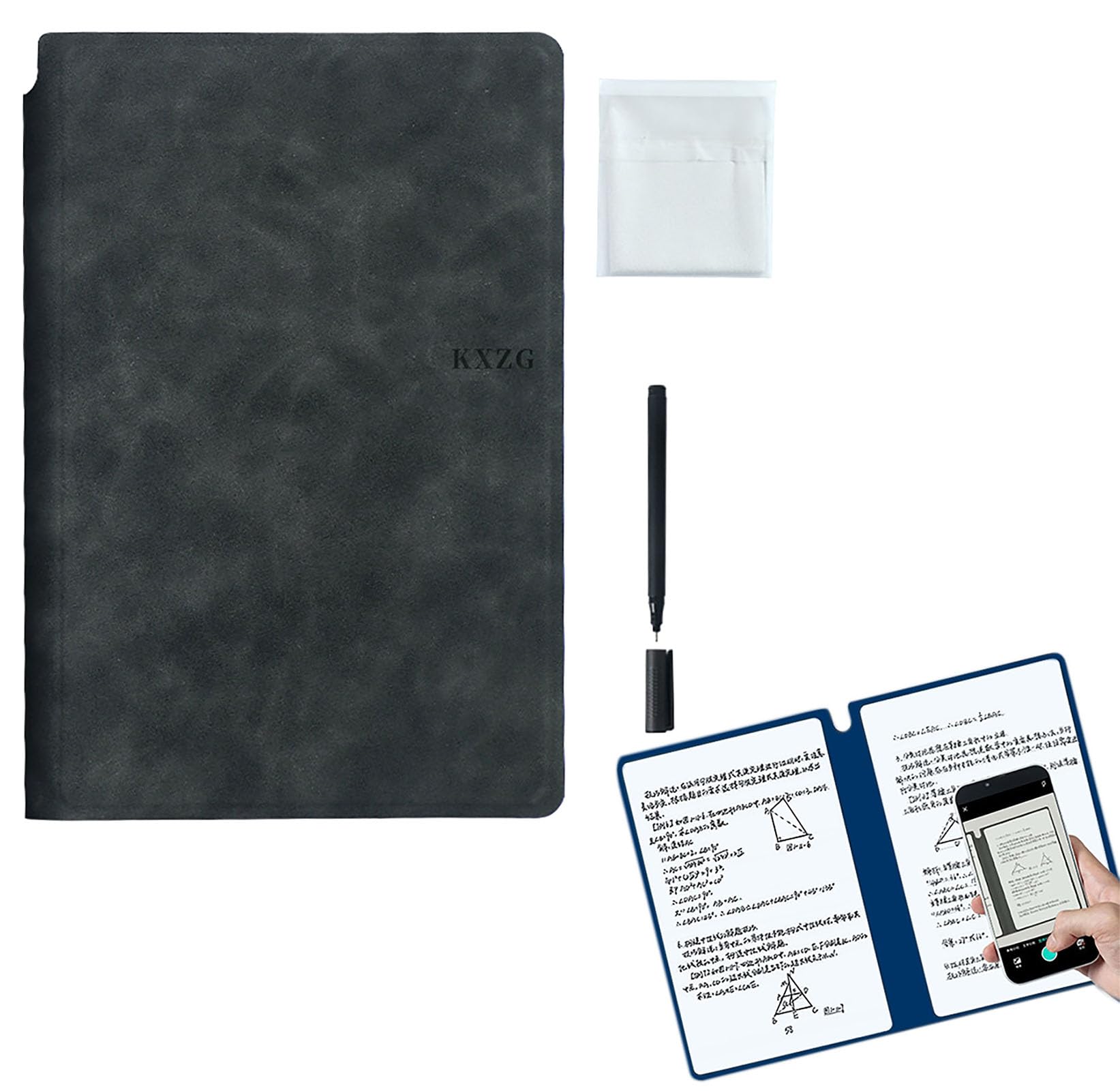 YIKANGHENG Wipeable Notebook with a Wipeable Pen and Rag, 9 Inch x 5.8 Inch Blue A5 Size PU Hardcover for Office and Taking Notes