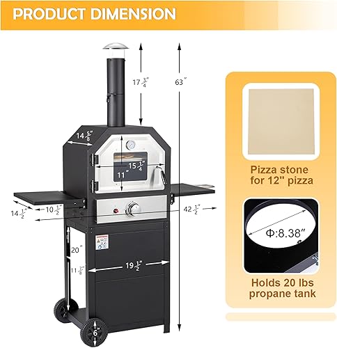 Miniatura 7 de HOMREST Parrilla de barbacoa de gas propano con termómetro, parrilla de barbacoa de 14,000 BTU con ruedas para cocina al aire libre, horno de pizza
