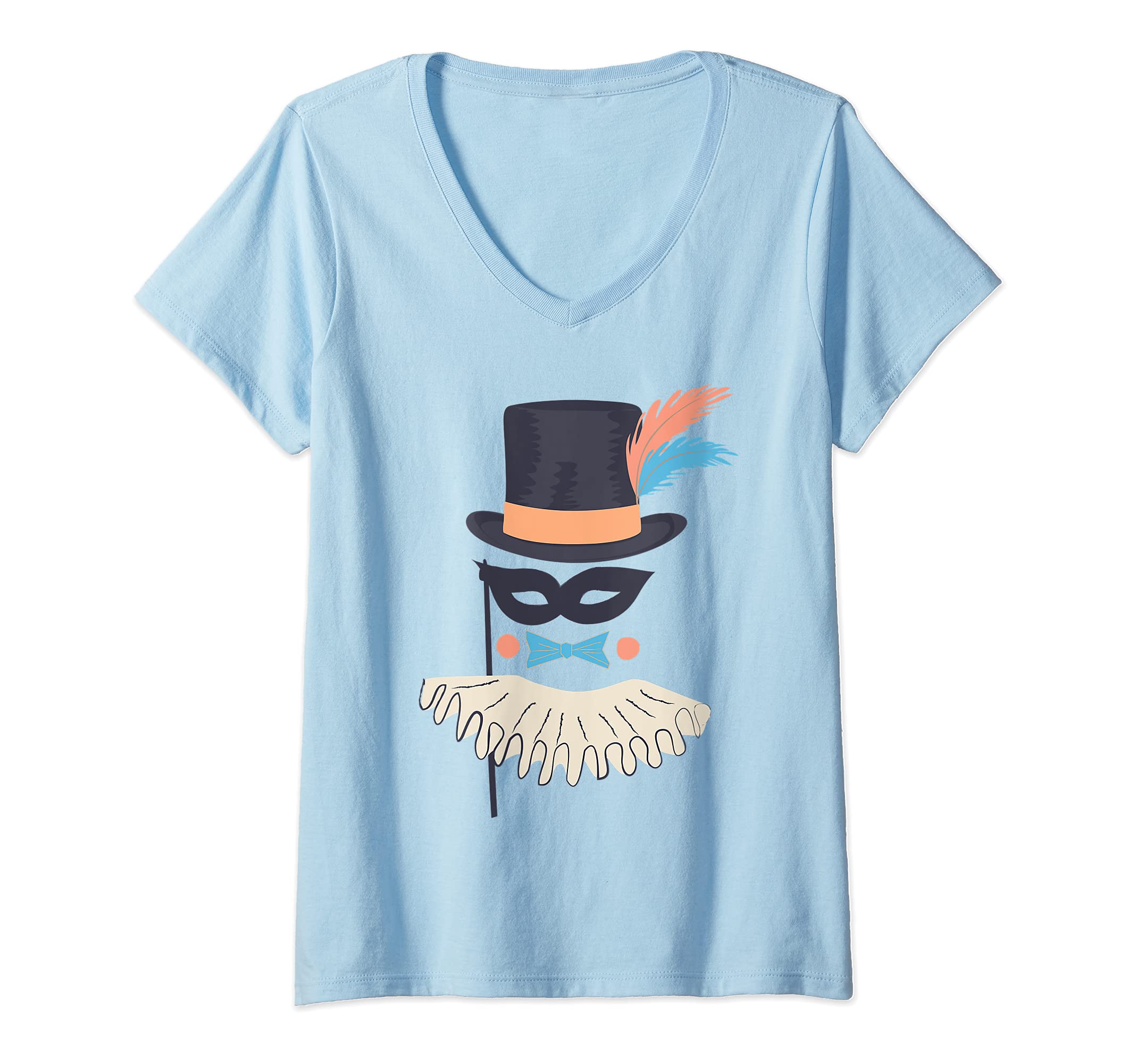 Womens Circus Show Carnival Mask Top Hat Ruff Vintage Fancy-Ball V-Neck T-Shirt, Blue