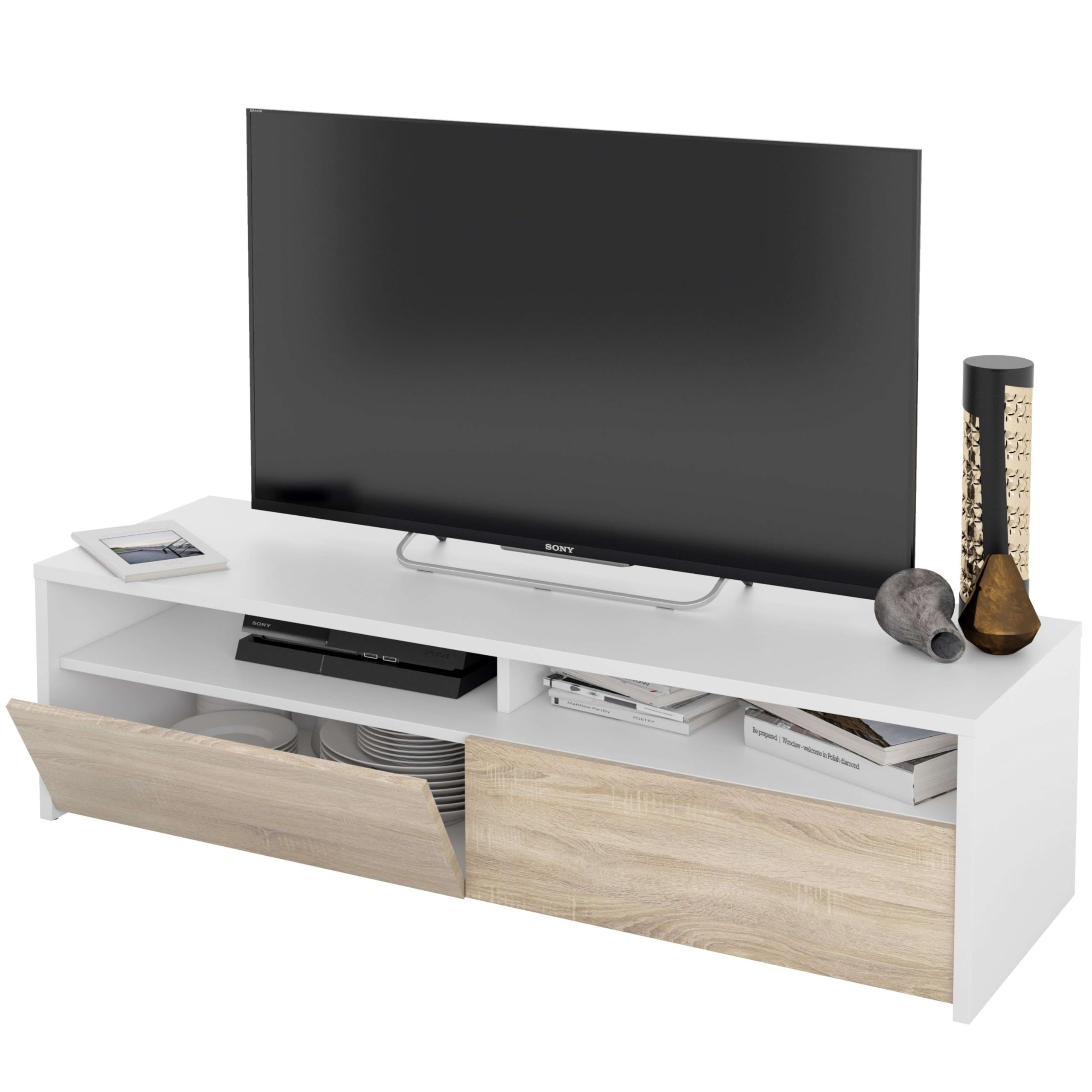 Habitdesign Mueble de Salon, modulo de Comedor Kioto, Acabado Color Blanco Artik y Roble Canadian, Medidas: 130 cm (Ancho) x 35,5 cm (Alto) x 40,2 cm (Fondo)
