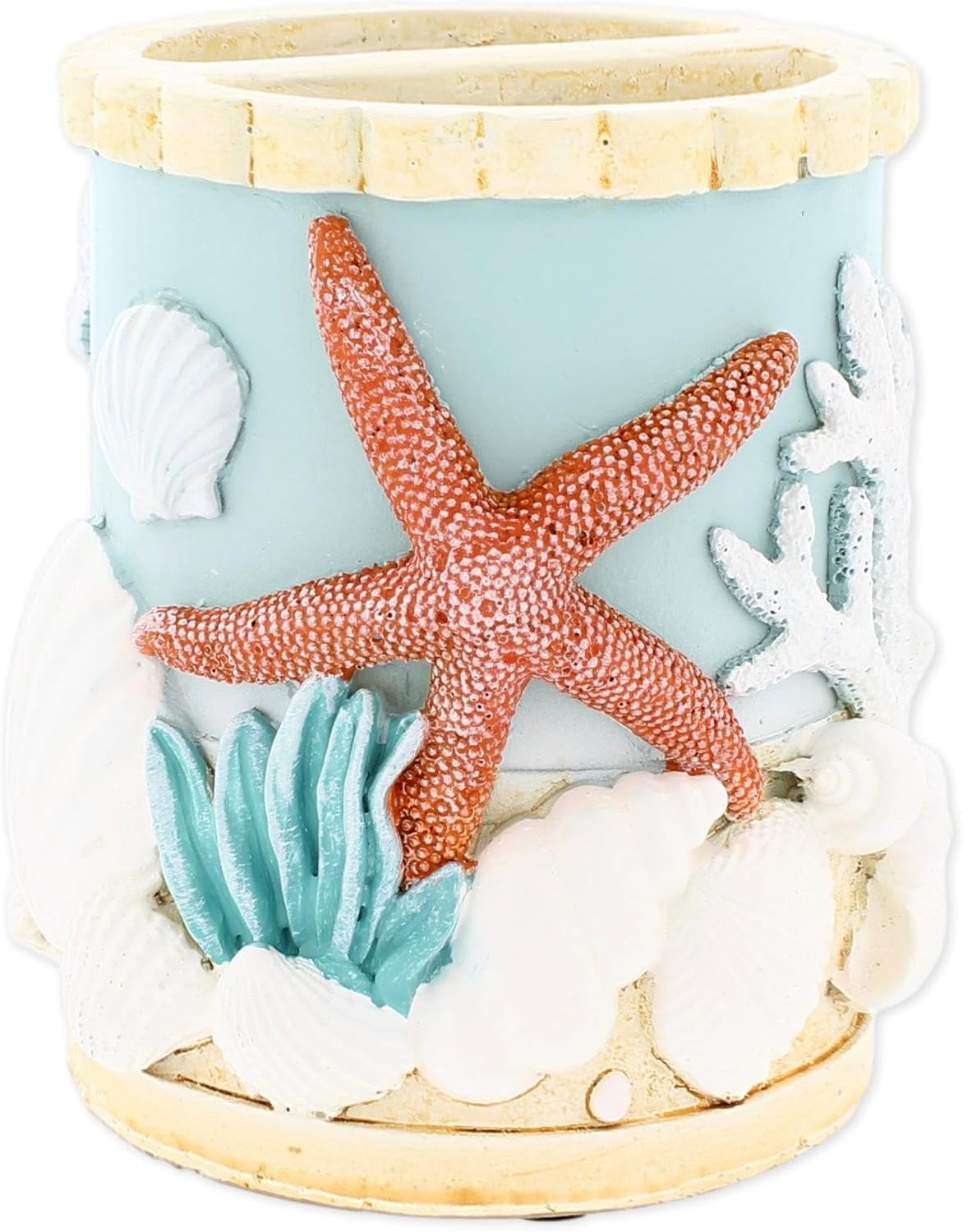 The Bridge Collection Coastal Toothbrush Holder with Starfish and Seashell Accents - Nautical Bathroom Counter Accessory - Beach Themed Sink Decor