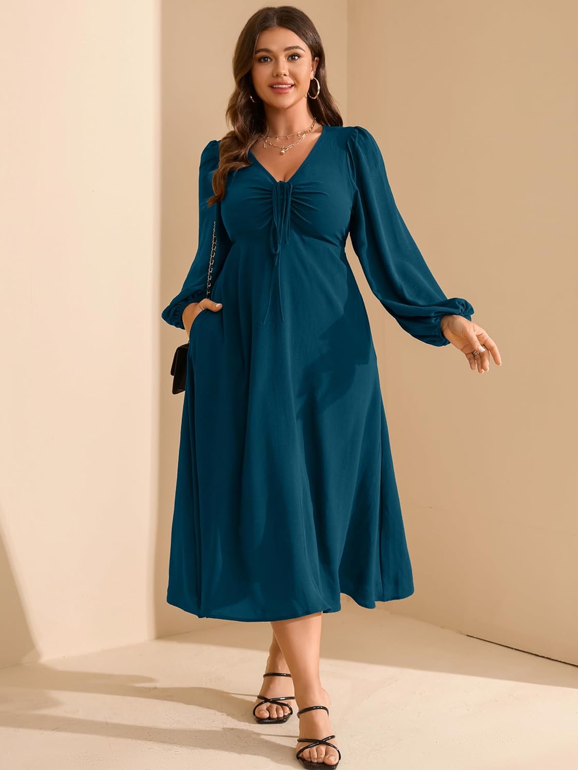 RWJ Fall Wedding Guest Dresses for Women Plus Size V Neck Long Sleeve Tie Front Cocktail Maxi Dress with Pockets - Image 4