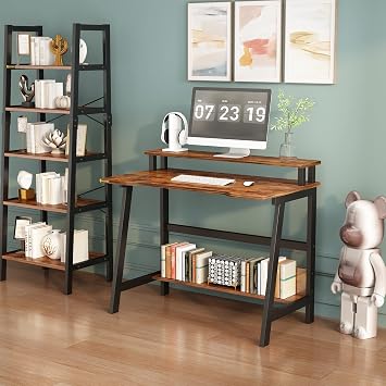 Computer Desk, 31.5 Inch Office Desk, Standing Desk with Storage, Small Desk with Monitor Storage Shelf, Writing Desk Work Desk for Home Office, Brown
