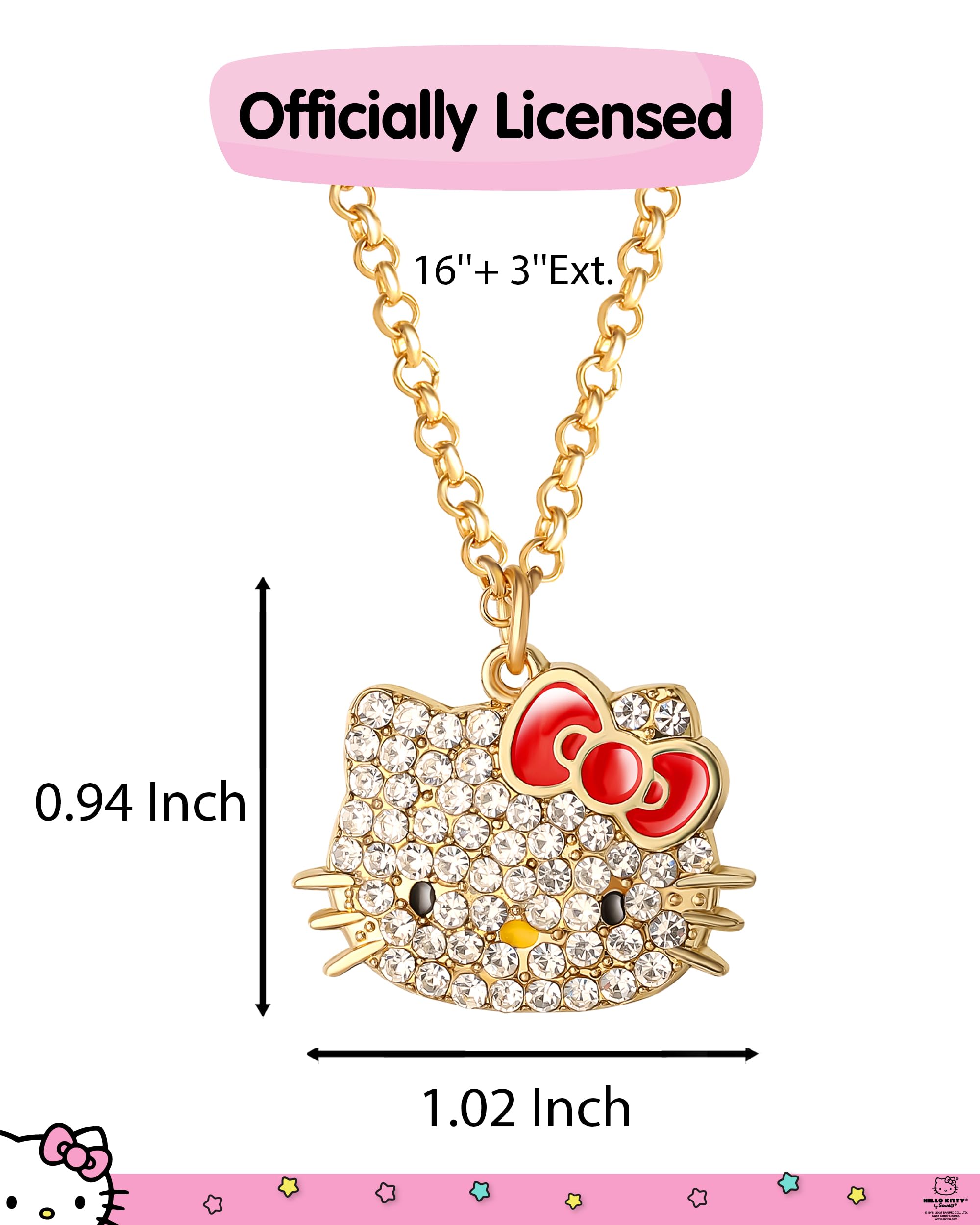 SALLY ROSE Hello Kitty Necklace for Women with Pave Crystals, 16"+3" Gold Plated and Enamel Sanrio Pendant Necklace Official License