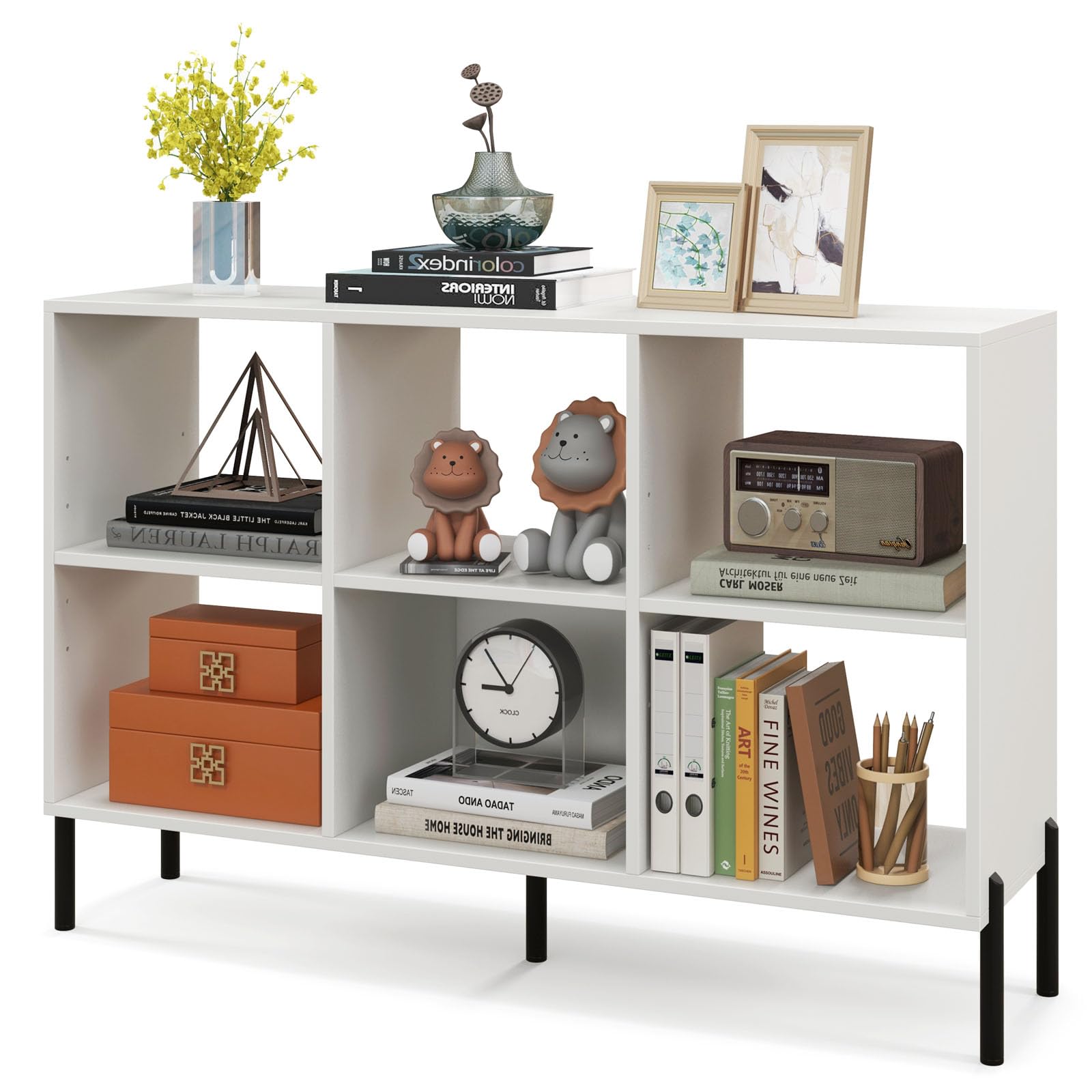 HOMASIS Scaffale a 6 Cubi, Libreria Bassa con Mensola Regolabile, Salvaspazio da Terra a 2 Livelli in Legno, Divisorio per Soggiorno, Studio, 120 x 35 x 79,5 cm (Bianco)