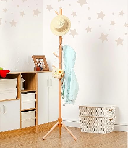 Miniatura 7 de Perchero de madera de haya para niños, soporte de altura ajustable con 9 ganchos, organizador de ropa infantil independiente para pasillo,